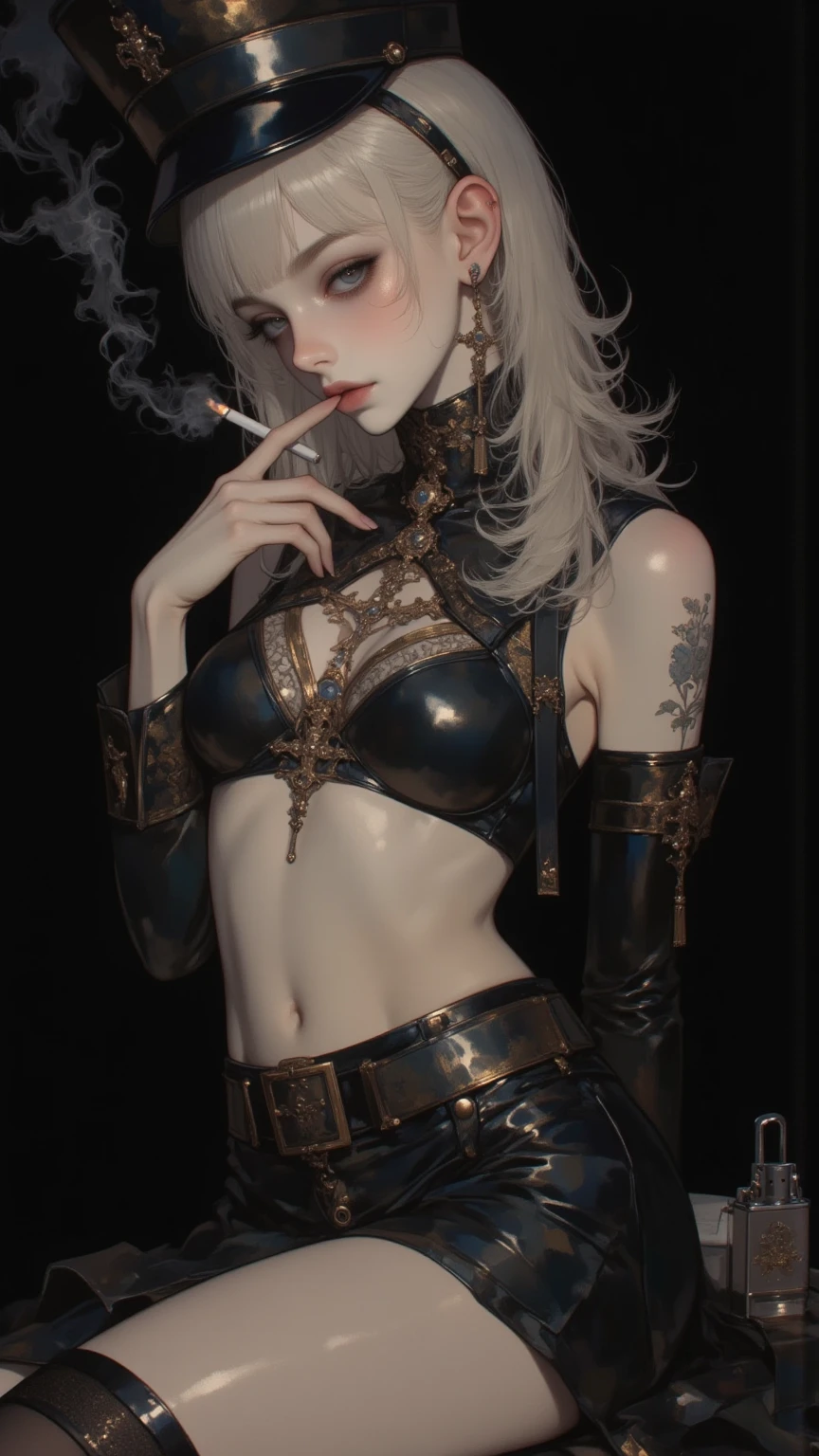 score_9, score_8_above, score_7_above, score_6_above, rating_explicit, 1girl, ((18 years:1.2)), full body Esbian, of the highest quality, Intricate details, (Fine skin, Shiny skin, Shiny hair, pale complexion), Purple Sky, Golden Time, Sunset, Sail ships, Pirate Ship, ((Flag skull mark)), ambitious, Seductive Woman, Gray hair, Long hair, Hair fluttering in the wind, scar on cheeks, Detailed tattoos, leather clothes, sleeveless clothes, leather coat, Leather gloves, Solid Gold Bracelet, leather pant, Red pants, Pirate Hat, Hat with a skull marker, (Leather Belt), Look far away