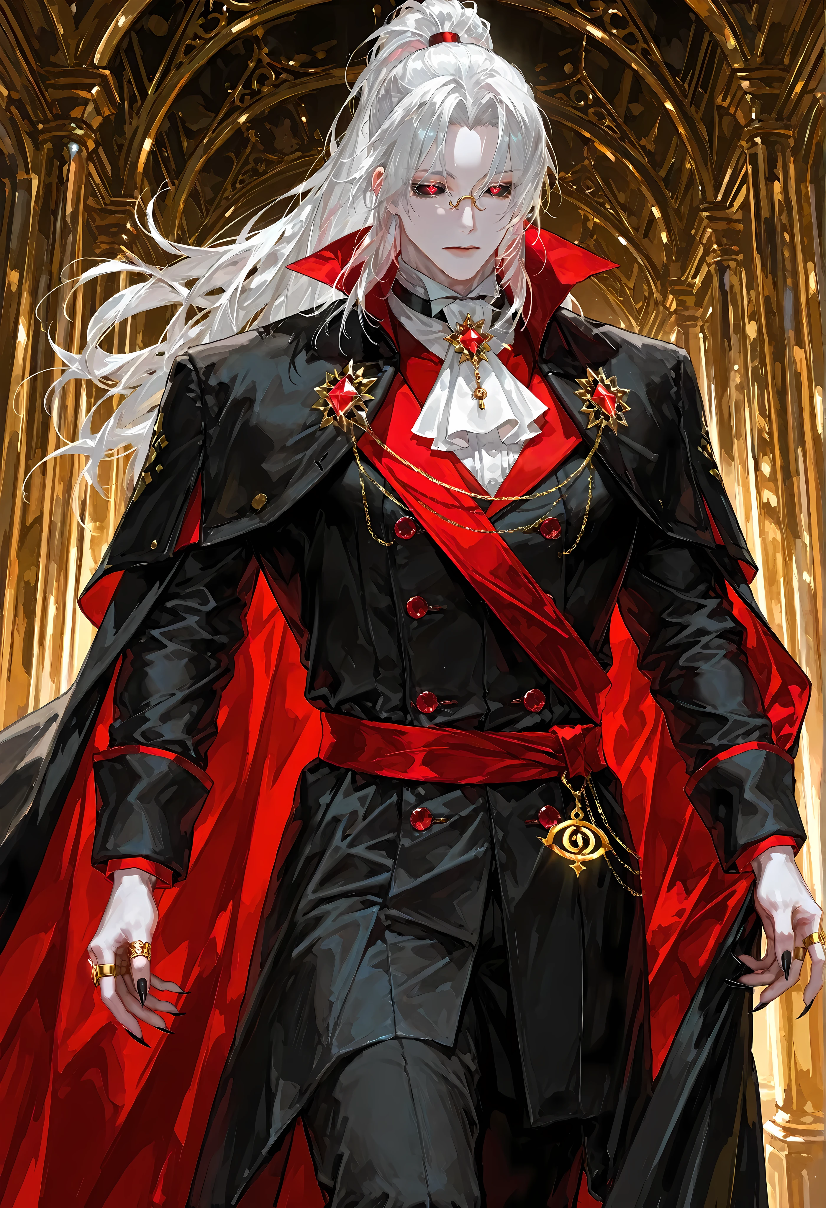 8k, beautiful masterpiece, looking ahead, close-up, alone, super pale skin, Perfect Eyes shape, Athletic Build, ((He wears: primarily black with red and golden accents = frock coat, sash, pants, long cape with cowl; white cravat; golden rimmed ruby pendant; golden rimmed monocle; golden ring with ruby)), (((background is underground alchemical laboratory, is emotionless and somber while working in the alchemical laboratory))), mature man, muscular, 1 man, male-centered, handsome man, handsome, long hair, high ponytail, white hair, Thick painted, black claw-like long nails, (iridescent red eyes (vertical slid pupils), black sclera), Perfect Eyes, masterpiece, top quality, amazing quality, exquisite details, very detailed, semi-realism art, semi-realism art style