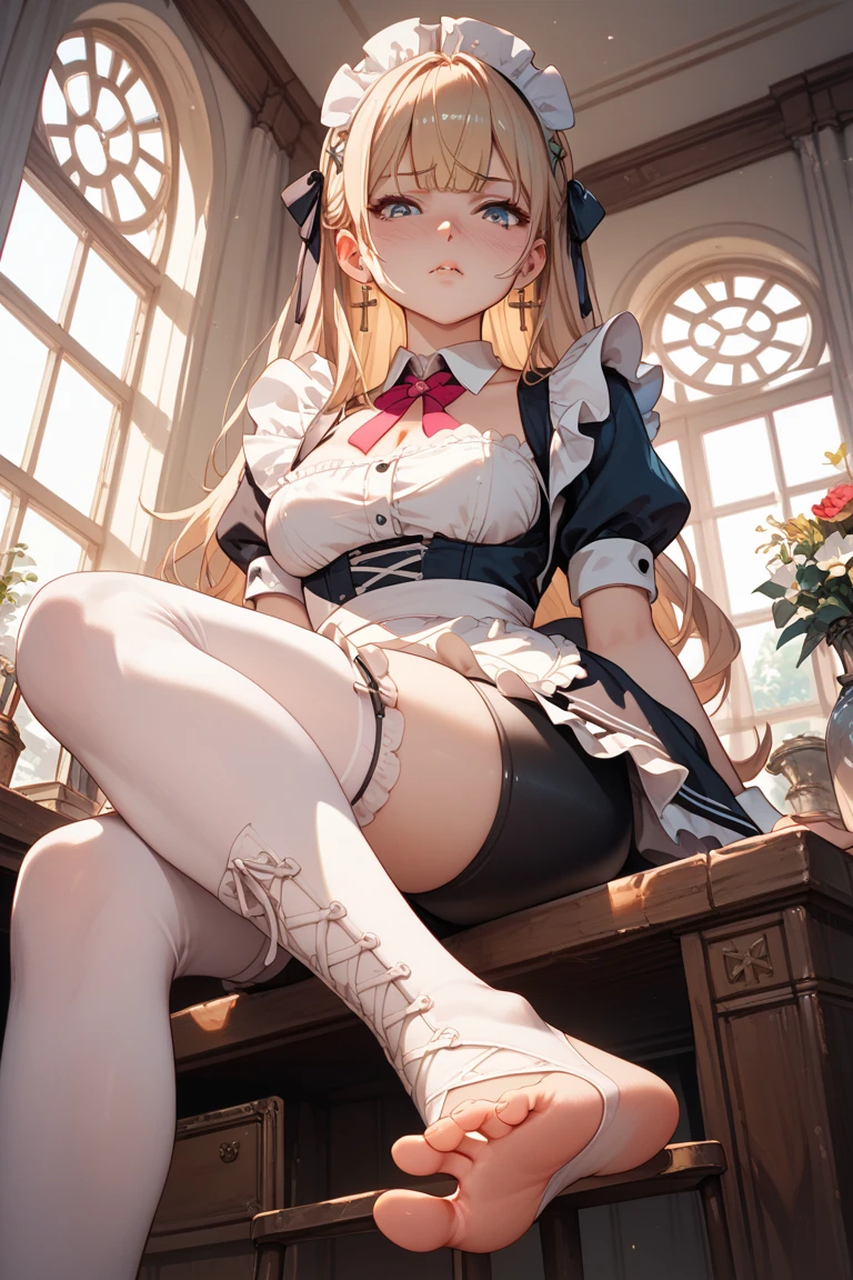 1 Girl full body, elf, silver hair, red eyes, bob cut, braid, fantasy style costume, wizard, robe, long skirt, indoors, sitting on a chair, (facing forward), ((putting both hands on their face)), (surprised), (blush), concept art, beautiful anime scene, beautiful anime scenery, top rating on pixiv, top quality, 4K