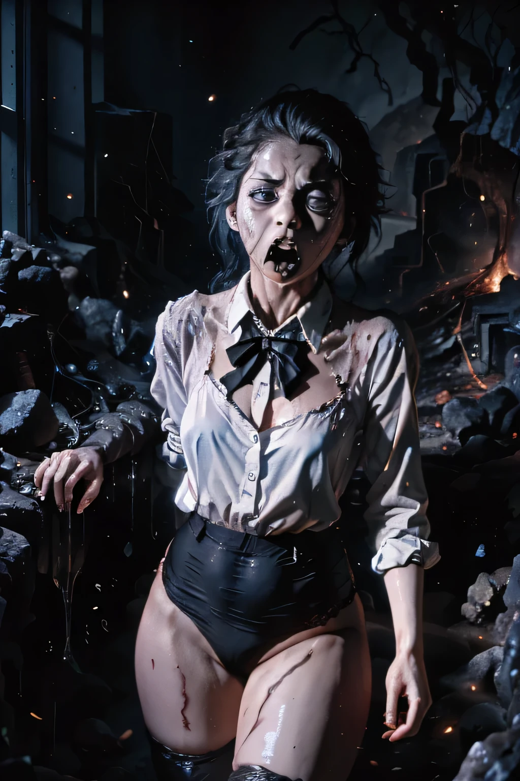 masterpiece, Highest quality, masterpiece,Zombie Girl, Evil Dead, Dark Energy, empty, Hollow Eyes, (an extremely evil),Dead Girl、 black magic, Dark Forest, Negative Energy, hell, Corpse wearing a black gymnastics bloomers,high leg,self wedgie,white blouse、lava,fire