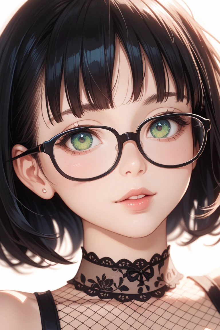 A cute girl who has green eyes and green gradiant hair wearing a black and green dress. She has a plain background and she wears eyeglasses