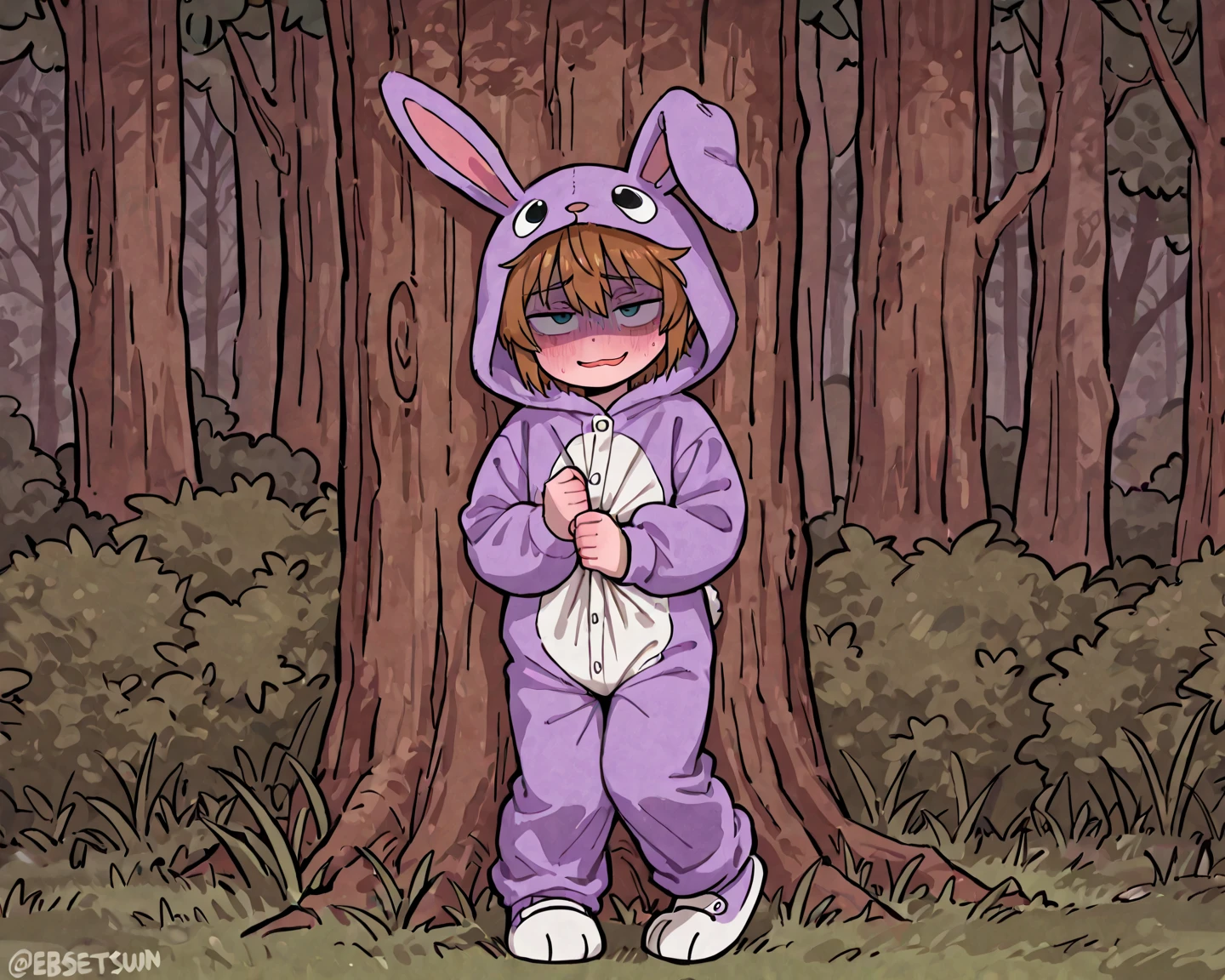 Frisk, loli, Brown hair, In a forest, full body, a stick in her left hand,