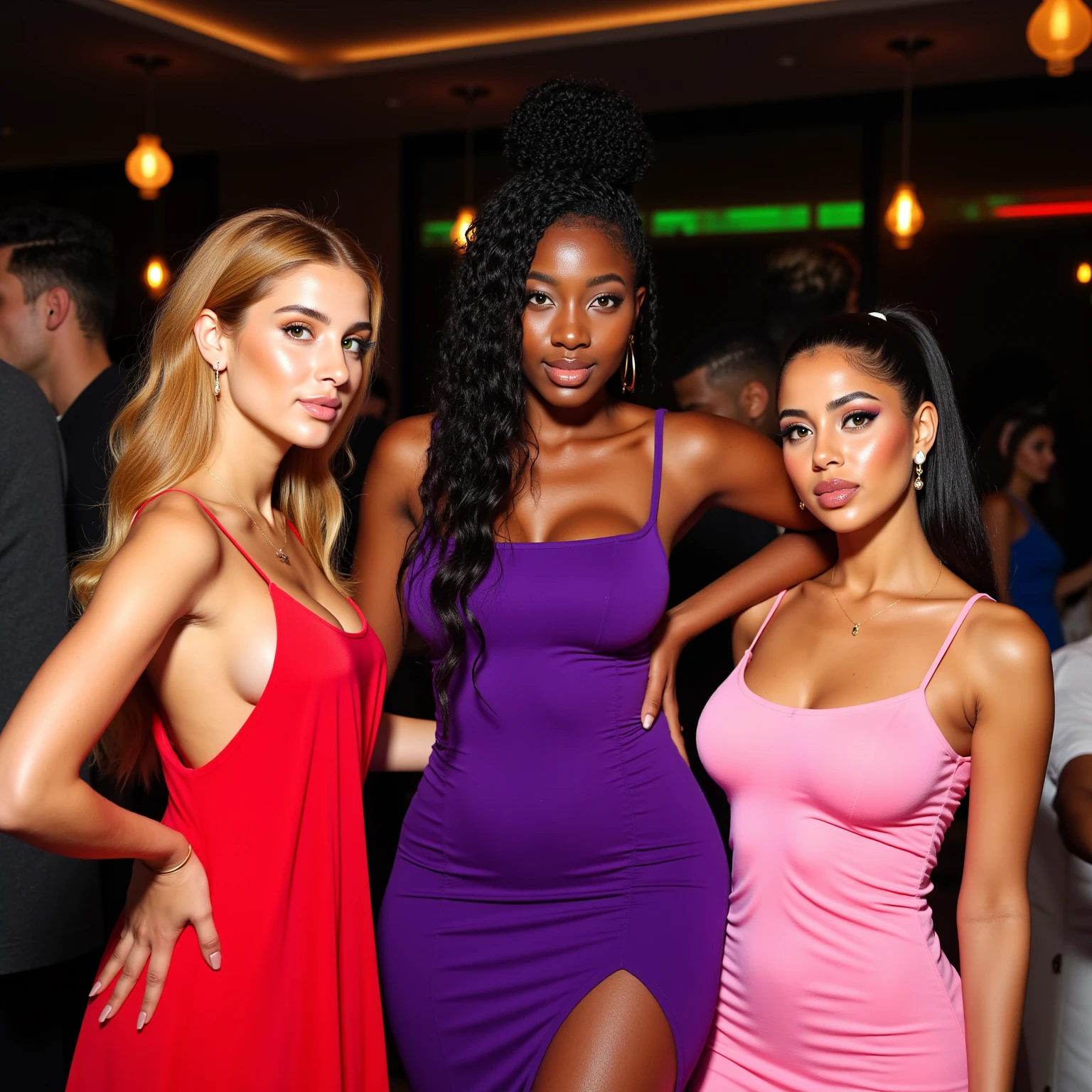 Brown skin latina with friends at a party, all are wearing black dresses,