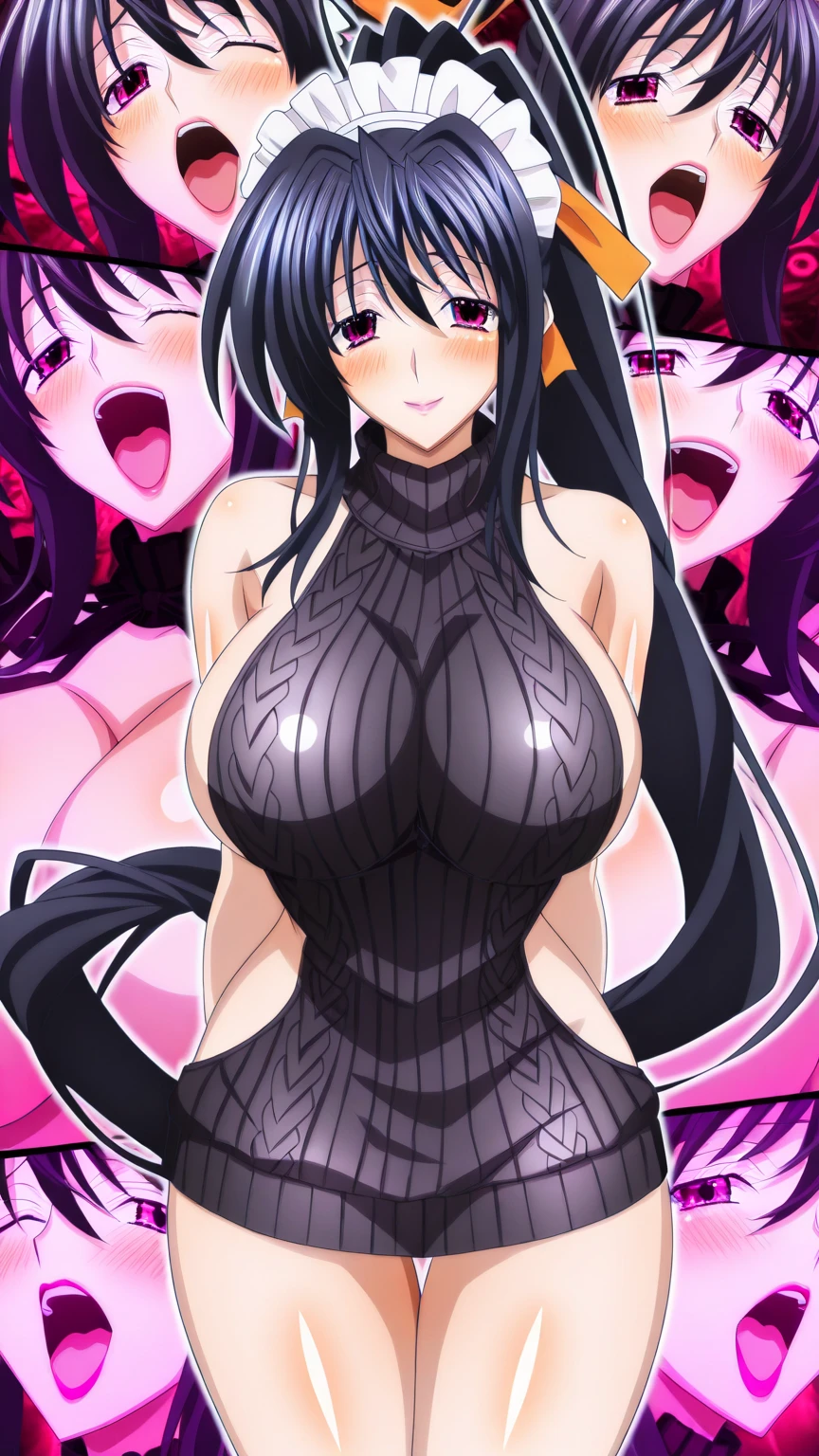 Akeno Himejima, 1girl, (((bimbo))), long blue gray hair, purple eyes, ear rings, (((bimbo))), puffy lips, painted lips, thick lips, smile face, wide hips, thick thighs, huge natural breasts, black jeans, black latex top