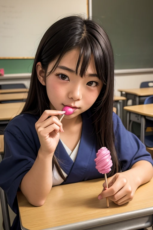 sexy yakuza girl with big breasts wearing lingerie that says lunaira coffee while biting a pencil in her mouth and her face is splashed with condense milk