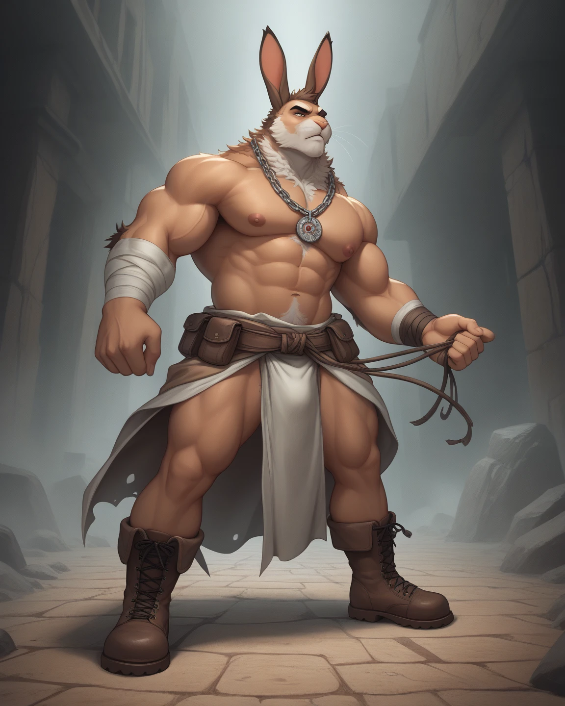 Solo, male, albino kangaroo, in one color tone, with long ears, in gladiator shoulder cape, navel showing, in fancy gladiator leather thong, chest, big chest view, ((focus body, furry focus, shades focus, body shades)) (((gray background, gray wallpaper, one color))), by darkgem, by mystikfox61, by glitter trap boy, albino, all white fur, red eyes, pink nose, navel, bulge, full body view, kangaroo tail