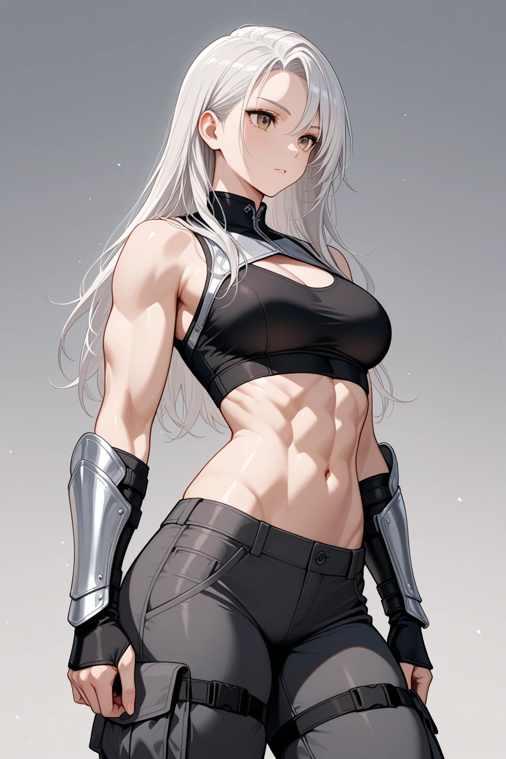(adult female:1.2), (solo:1.2), (curly gray long short hair:1.15), (gray hair:1.2),(green eyes:1.1), ([leather black jacket|silver chestplate,silver shoulder pads], bandaged arms, black trousers:1.2), (medium breast:1.1), (silver battle gauntlets:1.25), (fluffy wolf ears:1.05), (fluffy wolf tail:1.05), (abs, muscular body:1.4), (lappland (arknights):1.05), (outline character style:0.9)