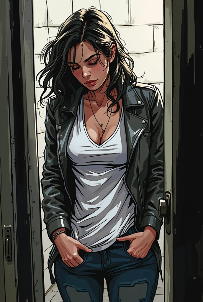 Make it a white skinned girl, Brown eyes, black fur, long and smooth, The clothes are a white top and a short black skirt., black heels, very big nipples and her big ass, Her nipples are very big and at any moment they slip out of her top and her skirt is so short that her ass sticks out.