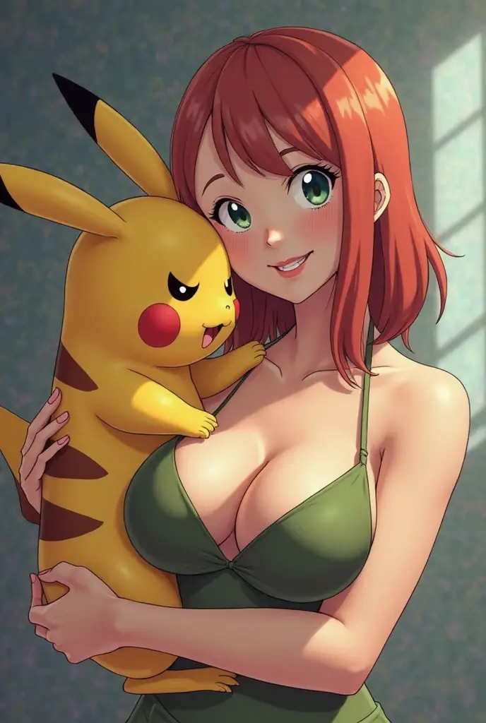 1girl, between breasts, crop top, cleavage, pikachu, shorts,, masterpiece, best quality, highly detailed ,nude