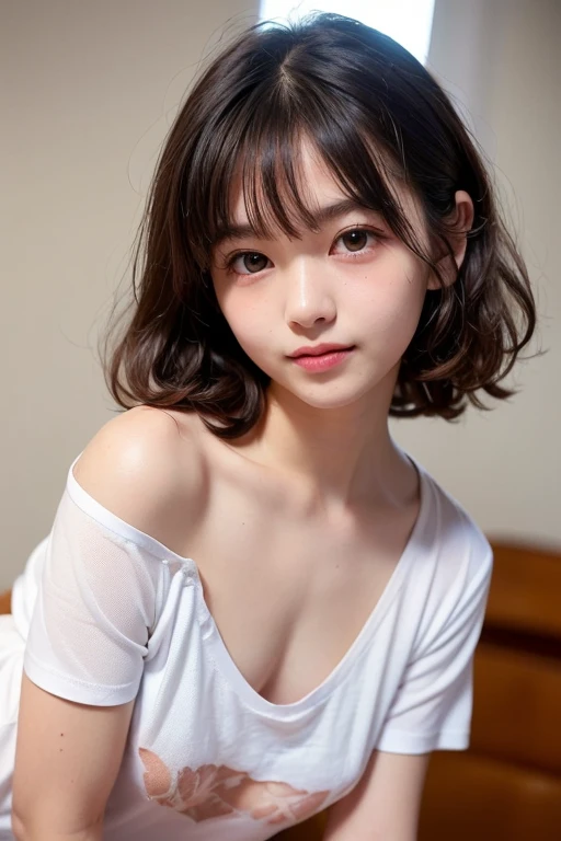 Delicate nose, soft facial features, gentle eyes, sweet smile with an innocent look, short black hair with a subtle fringe (bangs), and a small tattoo behind her ear, model shoot pic, with pink backgrounds
