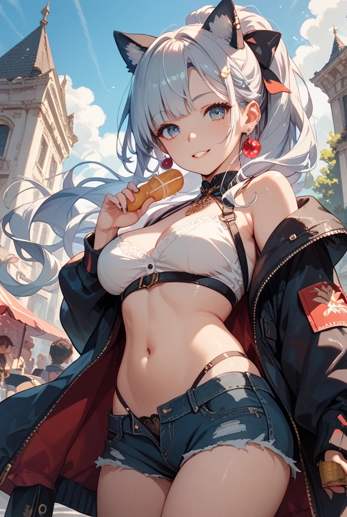 "Create an engaging description of a girl with gray hair and tanned skin, dressed casually like in the desert, while enjoying candy and displaying a smile."