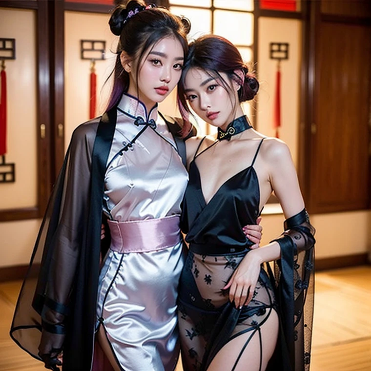 Photographic and realistic full-length Full body picture Shot of two tattooed asian Chinese top super Models standing in hot sexy pose looking at Camera They are depicted in a luxurious antique-style living room, dressed in Short sexy cheongsam. Both are wearing sexy and fetish pumps with ultra insanely high stiletto heels and sharp tips that reflect the design of Louboutin or Jimmy Choo pumps, which must be well on display in the image. They have an overall fetish look and are really sexy. The duo looks at the camera. Pay attention to Display in picture their Long Toned legs adorned in some fetish clothing Accessoires like garters