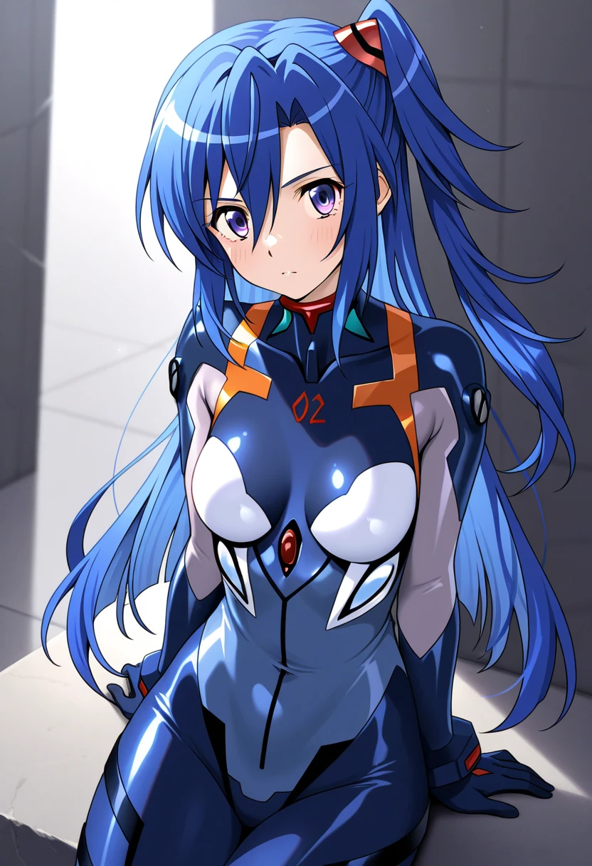 (large breasts:1.5),(shiny hair),((solo)),((masterpiece)),((best quality)),perfect anatomy,slim waist,perfect image,8k UHD,(beautiful detailed eyes:1.3),extremely detailed face,standing,(upper body:1.2),(look at the front:1.5),arms behindback,ultra-detailed,absurdres,highres,QUN,TWO-TONE BLUE HAIR,(COLOR) ZELSIUS SUIT,BLACK ARMOR,(shiny yellow zelsius bodysuit),(latex),indoor arena,twintails,