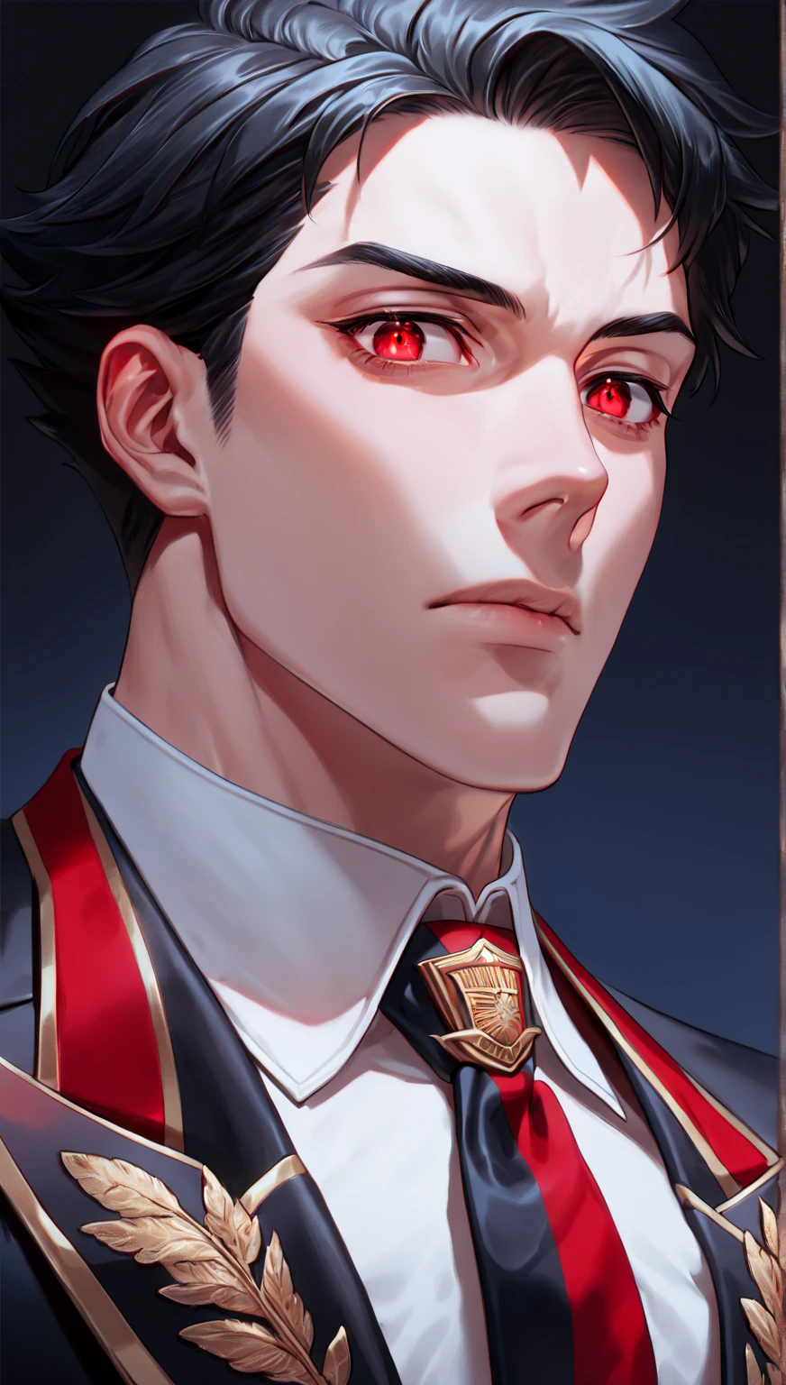 Man with slicked back hair, blood on part of the face, american psycho, high qualiy, face detailed, centralized, dark lighting