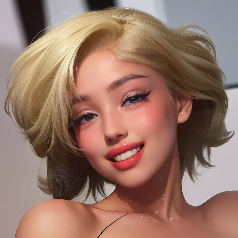 1girl,a beautiful fashion model ,(masterpiece, detailed background, best quality),short and shiny hair, light blomde hair with blonde highlights,smirk,juicy lips,red lips, calmart, lingerie, stripping, elegant makeup, (girl cocking her eyebrow)