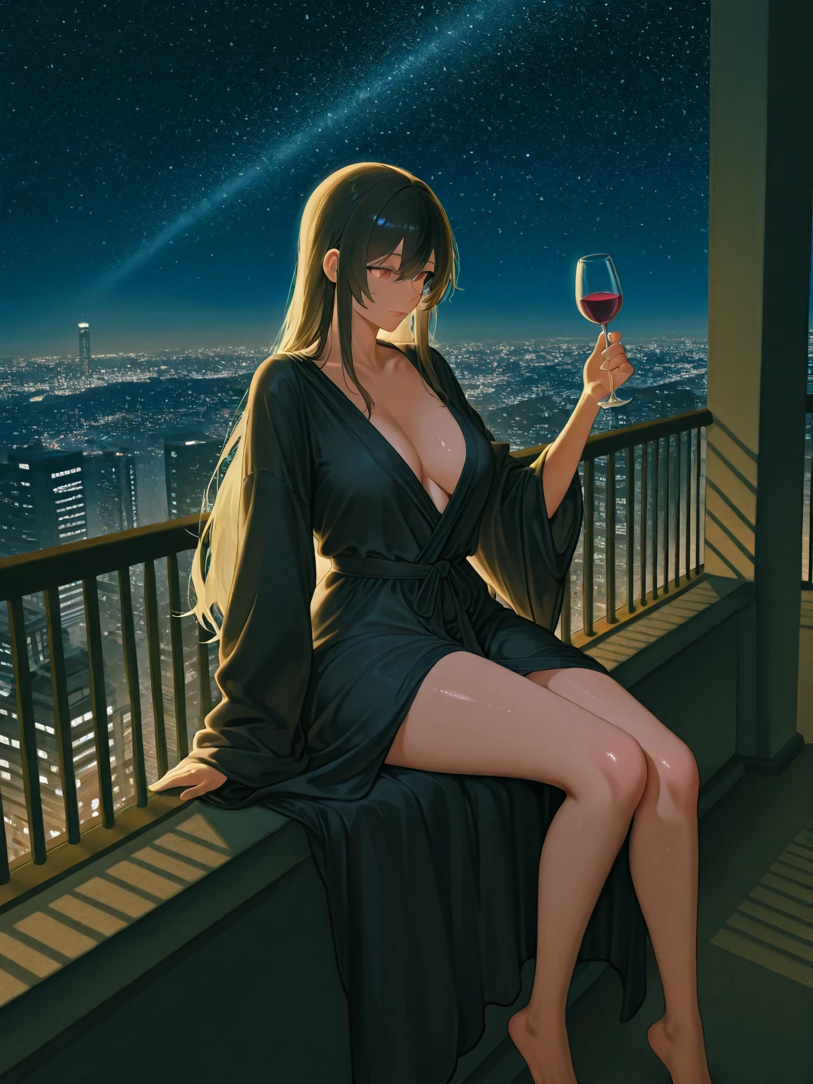 Highest quality,Highest Resolution,Beautiful girl in a gown bathrobe drinking beer from a mug with a smile,Bedroom,Night view outside the window,Big Breasts,Very beautiful eyes,Black hair ponytail,Standing posture,whole body,sweat profusely,