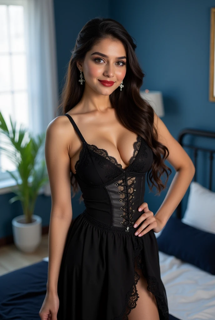 Full body, Beauty standing in a hall room, posing for a picture, walking , 1 girl, a 27-year-old Indian woman , absolute beauty, long hair, wearing a fashion dress , black color dress, sexy pose, erotic posing style, looking at the camera, ultra-realistic, hyper-realistic, ultra-detailed, hyper-detailed, 35mm F/28, hyper-detailed full body shot of a woman, nice face, sexy body, smiling, hair, aesthetic body, rich colors, face focused, 8K, HD Crisp Upscale, realistic lying, RAW photography, best quality: 1.4, No dark background, Beautiful details eye, cleavage, thick thighs, wide hips, muscular thighs, long hair, High-detailed, perfectly located eyes, perfect eyes, photographed on a Canon EOS R5, 50mm lens, F/2.8, HDR, (cinematic lighting), (dramatic lighting), (sharp focus), (intricate), fashion, realistic skin texture, (( perfect anatomy)), ((detailed face:1.2)), ((detailed facial featureinely detailed skin), masterpiece), (perfect proportion), (realistic photo), (best quality: 1.6), (detailed),Detailedface,perfecteyes