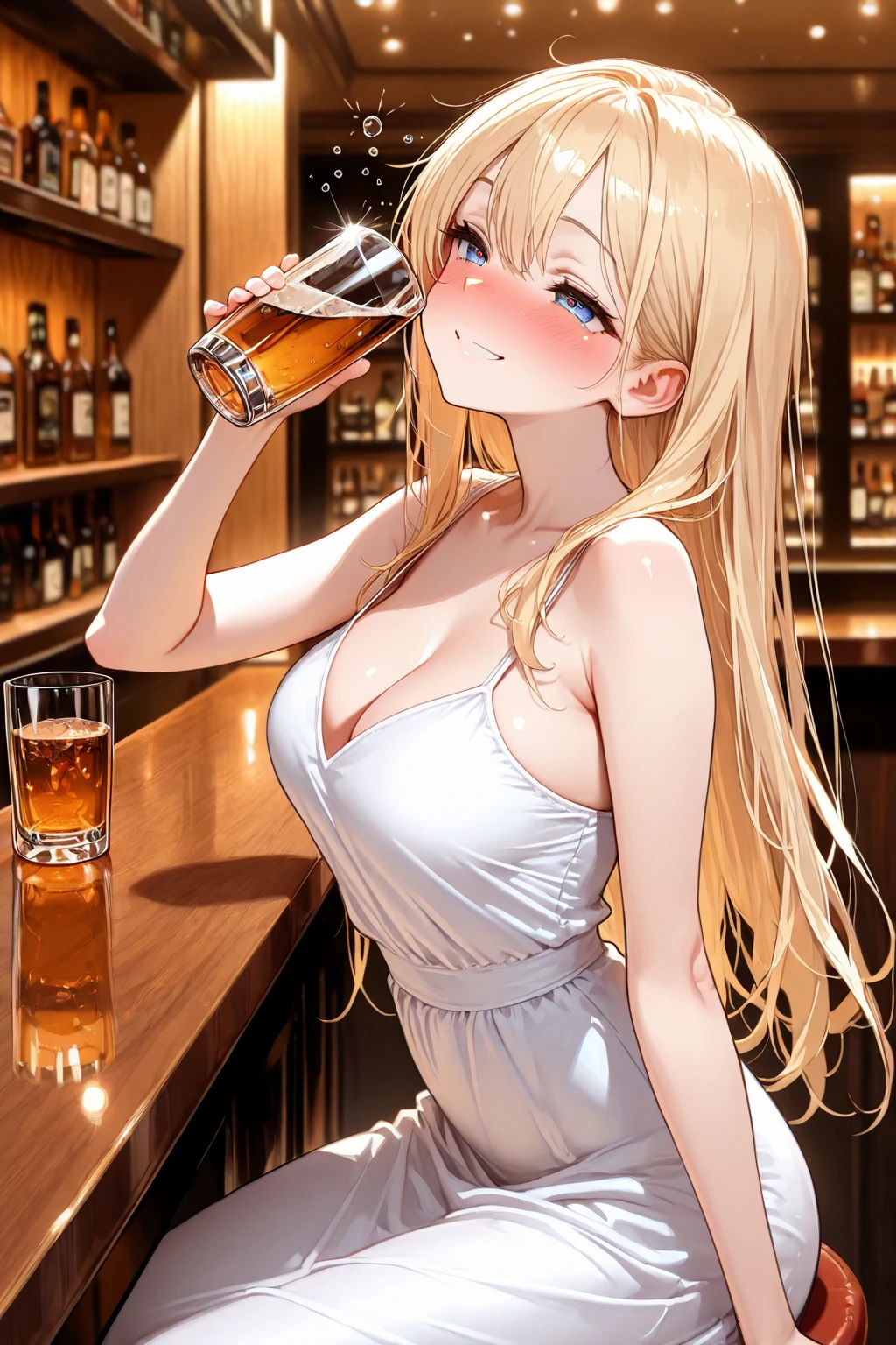 create an anime girl in a black miniskirt with white underwear 26 years old sitting on a bench wearing a low-cut blouse, white woman in tank tops and holding a jar of beer in a luxurious bar landscape