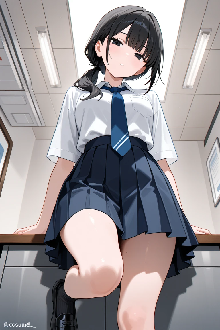 (realistic, photo realistic:1.2), ((highest quality)), move the center of gravity backwards, pretty embarrassing, sakurajima mai, black long hair, bangs, hairclip, purple eyes, school shirt, (brown school uniform), (school skirt), (black pantyhose), red necktie, pantyhose, white panties, (show panties:1.4), (Panty shot:1.3), (pull up the skirt:1.3), (squat:1.4), put the heel on the ground, spread legs, squat with your knees up, Attach your ass to the ground, black penny loafers, beautiful face details, real human skin, gentle expression, Front view, angle from below, realistic, photorealistic, squat deep on school grounds, whole body, (looking at the viewer:1.2), From before, from below,
