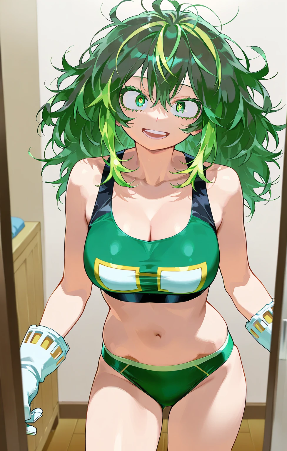 1girl, sgannie, yellow eyes, eyepatch, green hair, twin braids, green shirt, star (symbol), stocking, green thong, lewd pose, child-rearing hips, child rearing hips, small breasts, small bust, green microbikini top with gold trims, petite, thicc thighs, loli, in front, bedroom eyes, ara ara, annoyed