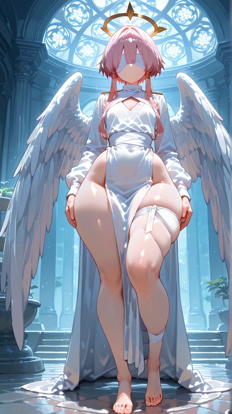 Angel wings, half white and half black, large wings, dangling, 1 female, long legs, lower hemisphere, hip arc, briefs, legs crossed, hands open, beam, shantytown, old residential area, glitter, hug gesture, pretty face, oriental face, outdoor, looking up, low camera, best quality, super fine photo, masterpiece, 8K, UHD, translucent, cool, seductive, fantasy, hyper-realistic, photography level --auto --s2