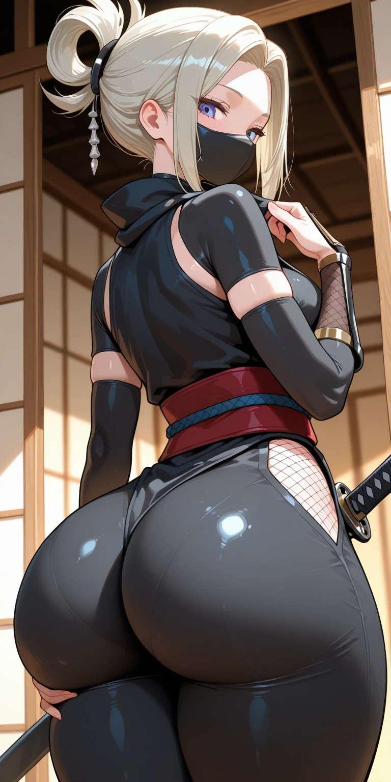 Ninja, kunoichi, long hair, ponytail, mask, ninja outfit, scarf, large chest, curvy, action pose