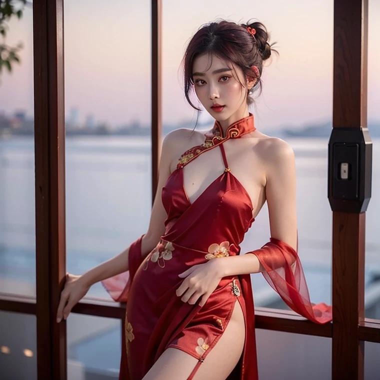 8K,(1 girl:1.3),real photograph,Built in antique style,,Cheongsam beauty,フォトリアリスティック:1.4,offcial art,ultra - detailed,Beautiful and beautiful,Big breasts are beautiful,tmasterpiece,Best quality at best,it represents,Postural posture(Open common areas),Huge cleavage(Big breasts exposing cleavage),Wear a cheongsam,high-heels,Woman squatting in the corner,timid character,but infinite love,Can't refuse,full-body view