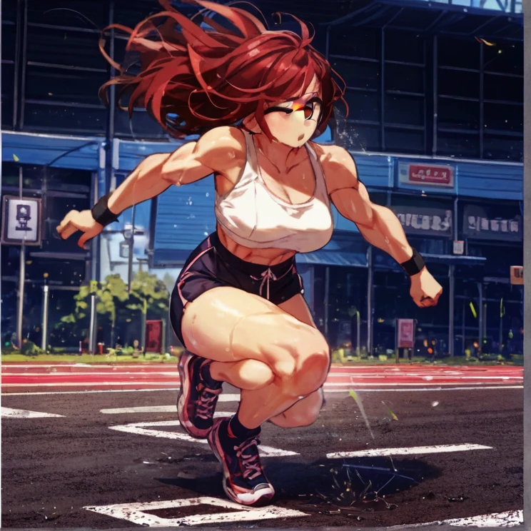 redhead, tanned skin, medium breasts, thick ass, black sports bra, black and white dolphin running shorts, black star shaped earrings, long ponytail, front shot, pure white background, facing forward
