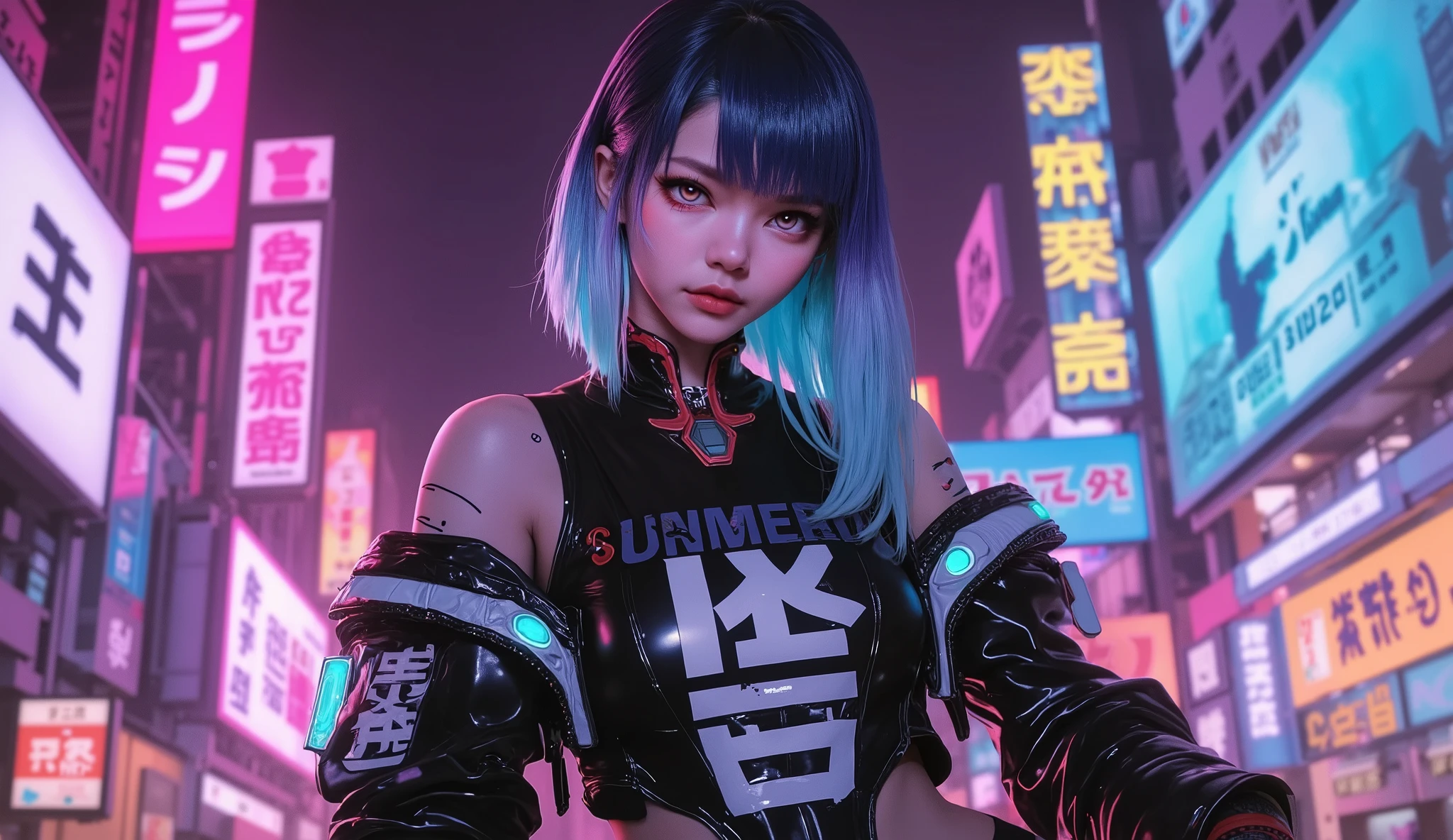 ((Manga artwork cowboy shot) von (perfect Asian cyberpunk girl, wearing detailed Harajuku clothing with company logos))), (((dynamische Pose))), ((LED-Leuchten)), ((Manga-Zeichnung)), ((cinematographic lighting)), ((Chiaroscuro)), warme Farben, perfect features , abstract beauty , nahezu perfekt, Reine Form, Konzeptkunst, intricate detail, 8k-Postproduktion, high resolution, super detail, trending on ArtStation, scharfer Fokus, Studiofotos.