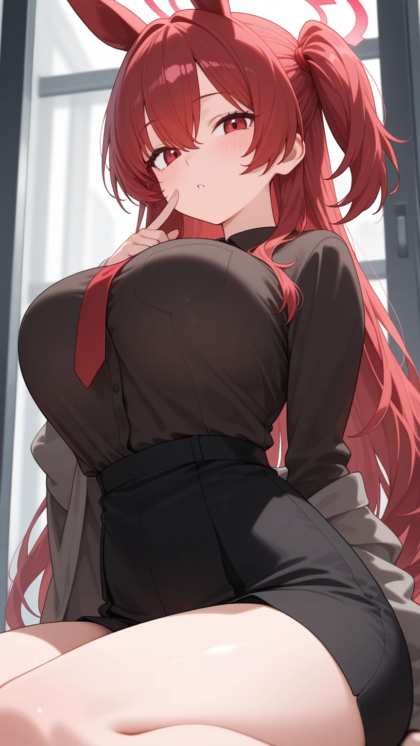 The woman who had sex just now,Red hair,Twin tails,Angry face,blush,Big Breasts,Thick thighs,White dress shirt on upper body,The lower body is a black tight skirt,Sweaty,See-through bra(Purple bra)