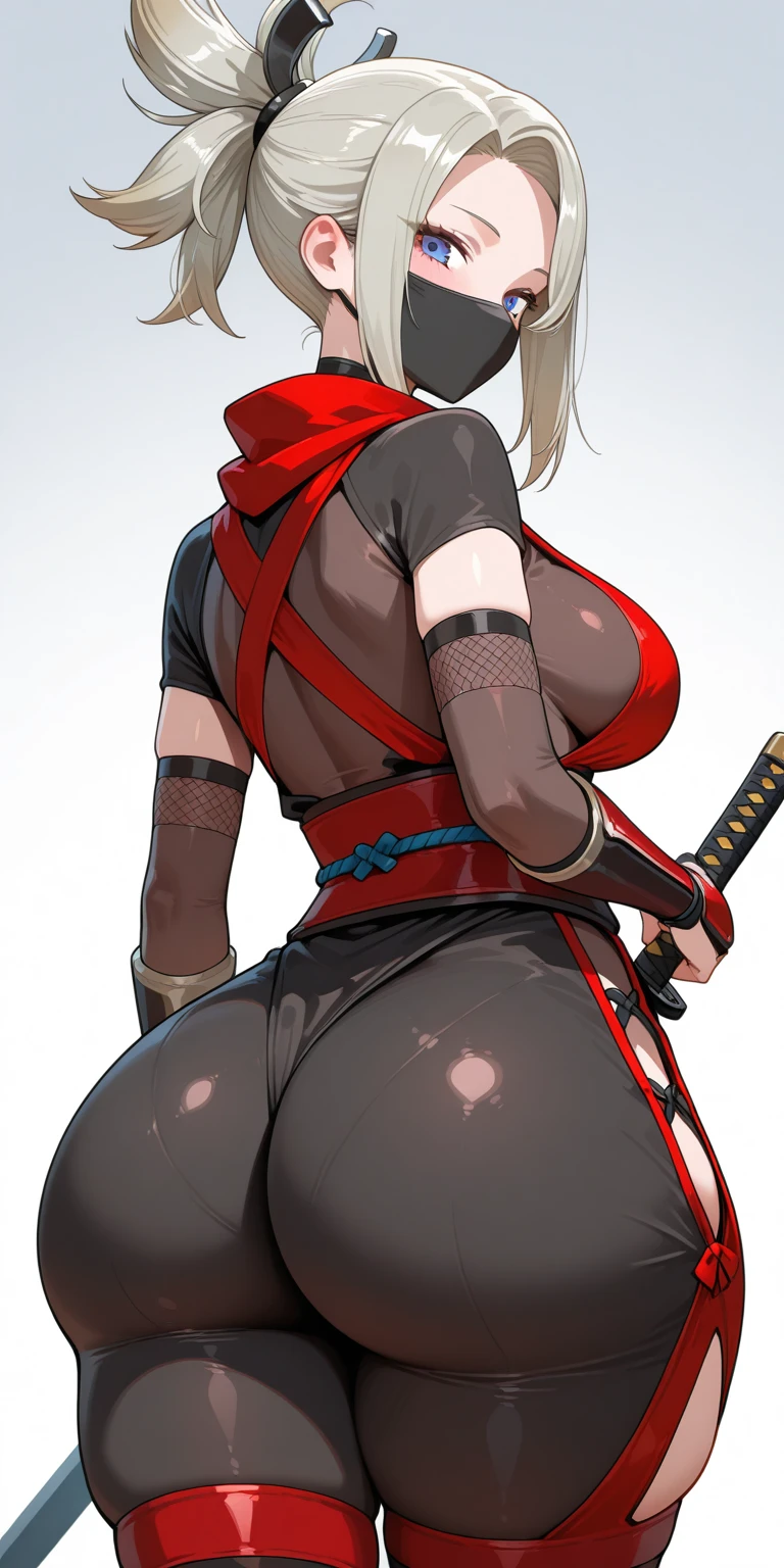 (best quality:1.3), (4k quality), tsunade, ((Detailed face)), (blush), ((blue sky)), (dress), standing pose, tie,gagged, mask gag, bondage,mask otn, rope tie, (tight latex mask on), (shibari,arms tied behind back:1.4), (hands tied behind back), ( front view), (full body photo), (tight face bandana)