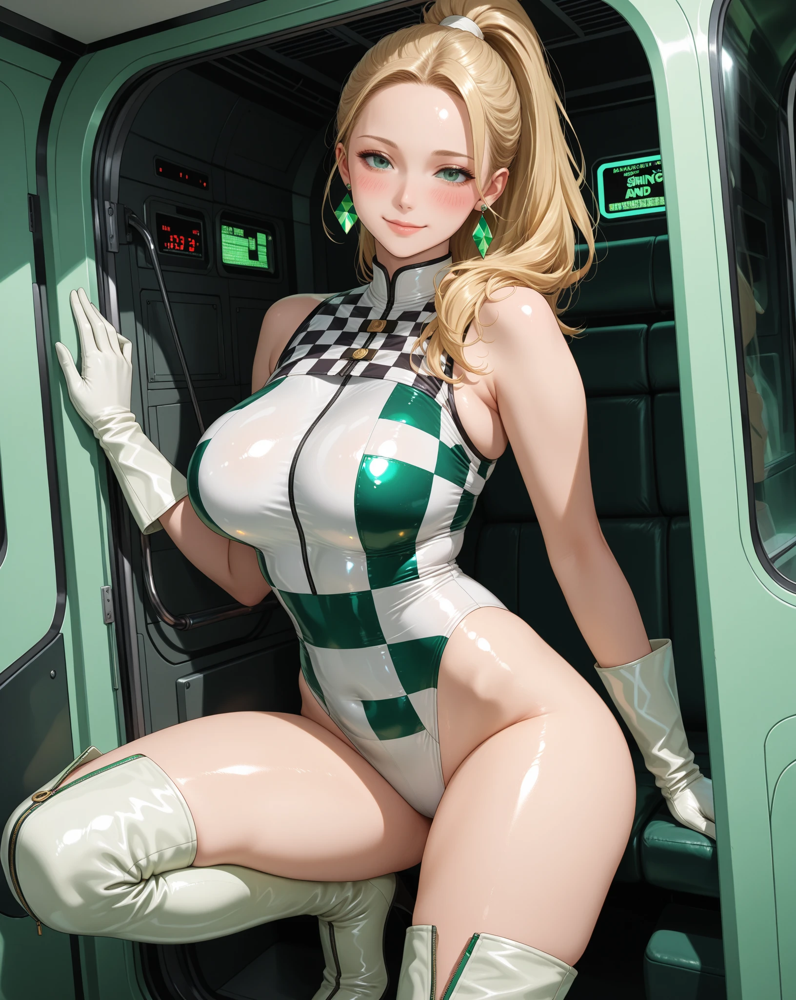 8k, best quality, real picture, intricate details, ultra-detailed, ultra highres, depth field,(photorealistic,realistic:1.2),masterpiece, <lora:add_detail:1>,
0.25 :: close-up , straight-on shot , from above ,
(1girl, cassandra alexandra, <lyco:Cassandra_Alexandra:0.325>,  (an extremely beautiful 21-year-old Caucasian girl),  (blonde hair:1.2), hair bangs, (green eyes), cleavage, shiny skin, flawless skin, fair skin, light blush,  solo), looking at viewer,
(high pony tail, hair ribbon :1.3),
chubby nipples under the clothes, seduction, sweat, nsfw,
((green  china dress, no panties, cleavage cutout, <lora:ChinaDressSideless:0.9>):1.3),
(0.1 :: The Sensual Siren: Posing seductively, exuding an aura of irresistible allure :1.3),
at night, night illumination ,
in a business jet ,