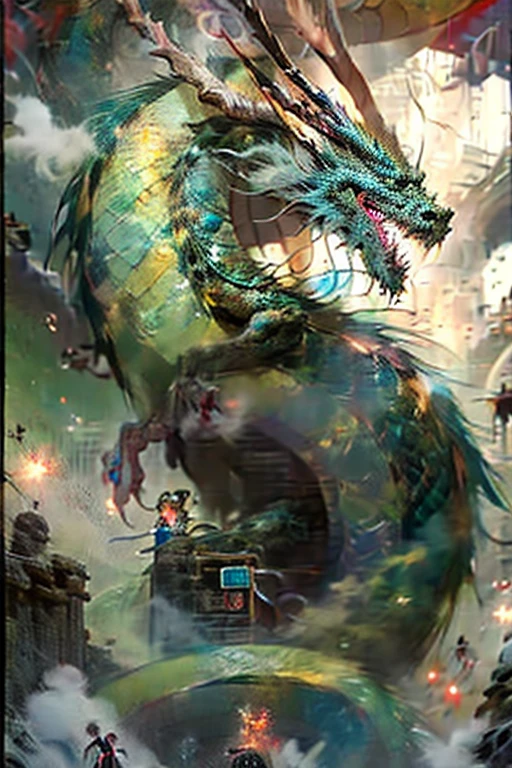 A princess facing a green giant dragon, she is wearing an elegant dress and wielding a big berserk. The setting is a castle.
