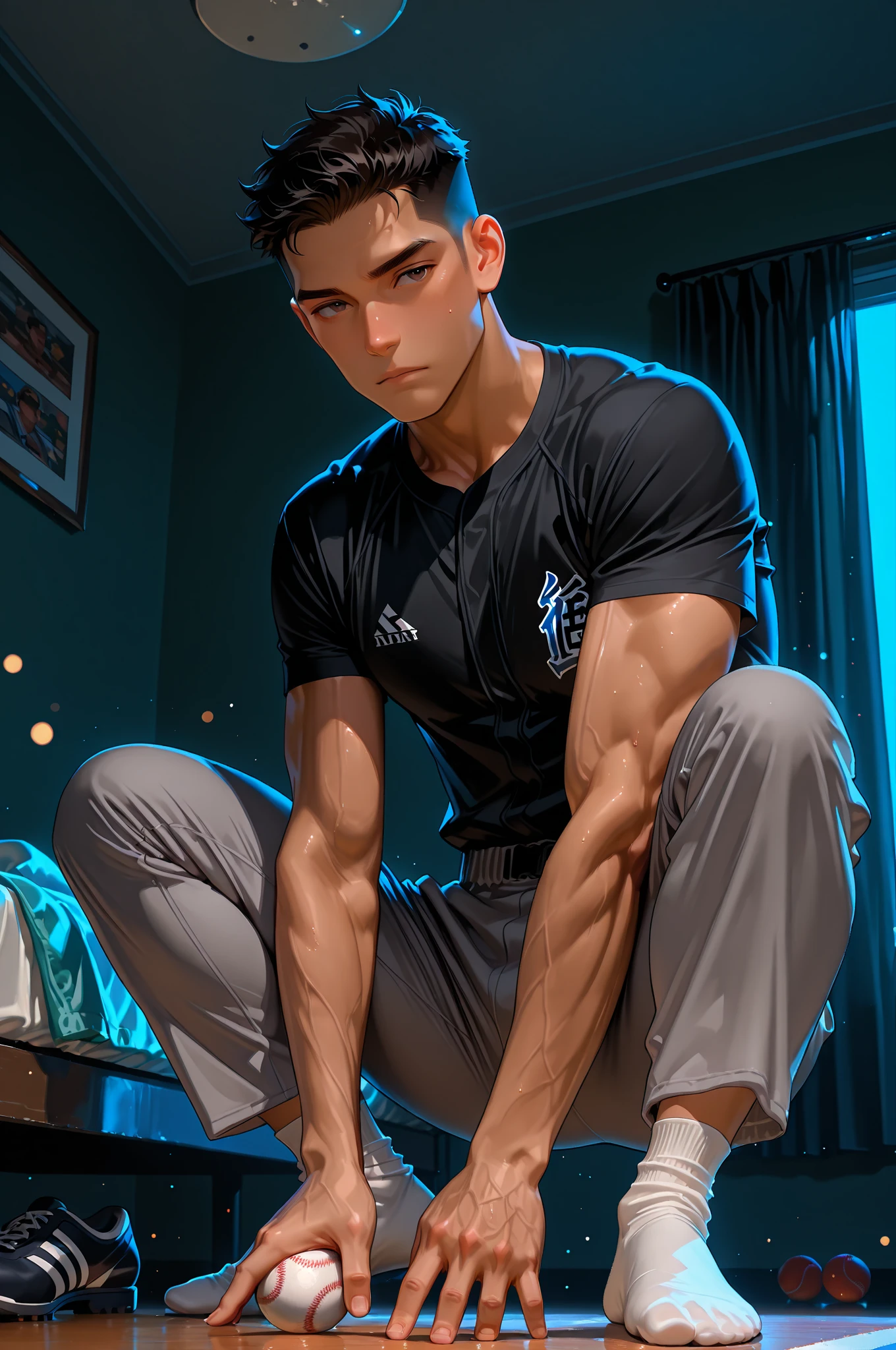 A beautiful young male, (best quality,4k,8k,highres,masterpiece:1.2),ultra-detailed,(realistic,photorealistic,photo-realistic:1.37),HDR,UHD,studio lighting,ultra-fine painting,sharp focus,physically-based rendering,extreme detail description,professional,vivid colors,bokeh,full body portrait,tight blue shirt,buttons about to burst,green pants with holes,no underwear,sensual,erotic,elegant,alluring,provocative,chiaroscuro lighting,dramatic shadows