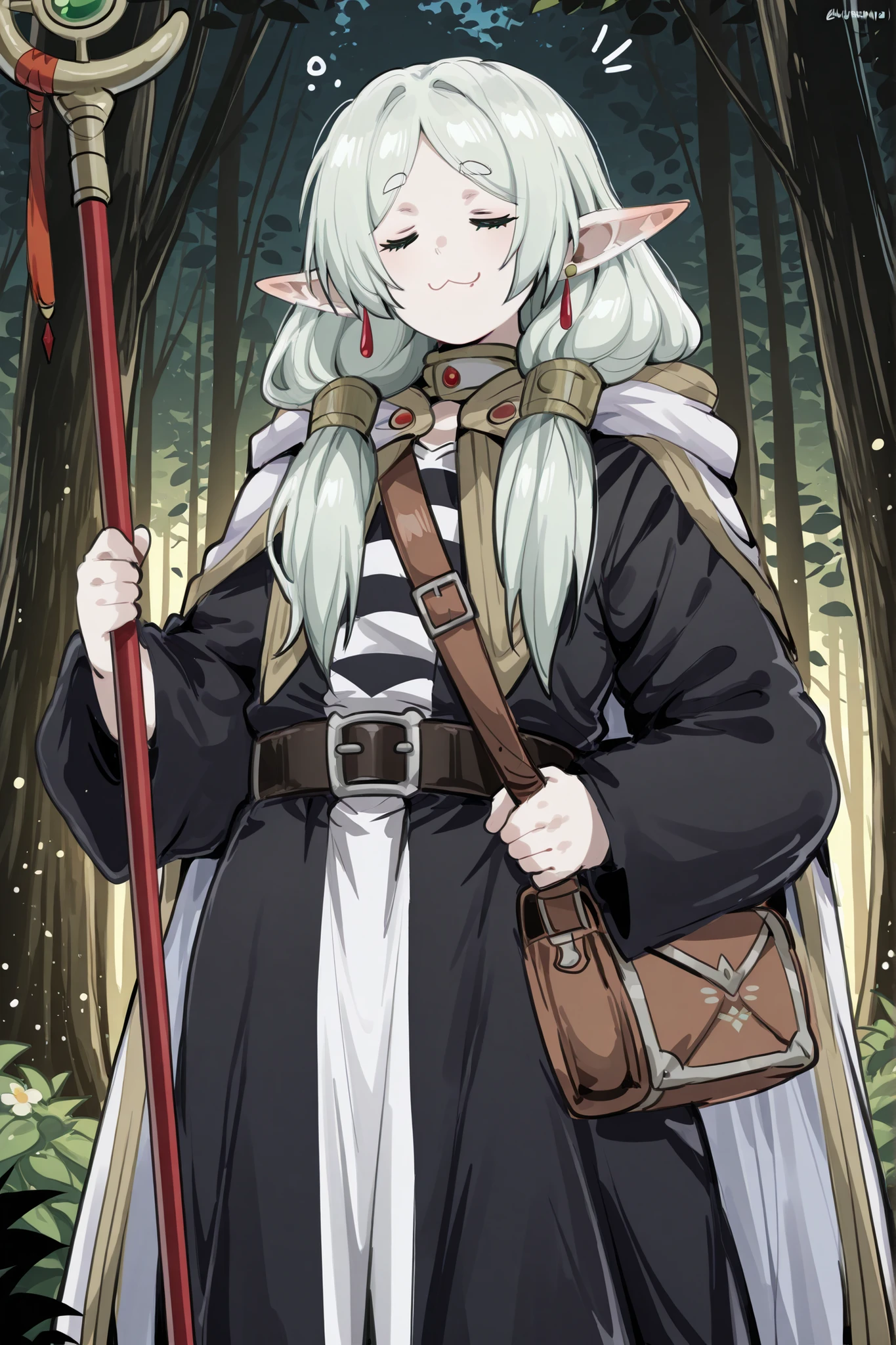 kurenaiz, masterpiece, best quality, amazing quality, very aesthetic, high resolution, ultra-detailed, absurdres, newest, 1boy, male focus, solo, male elf, sharp pointed ears, emerald green eyes, shoulder-length silver-green hair, =w=, :3, = =, eyes closed, frieren like mage outfit, magic staff, black man robe, leather belt with metal buckle, adventurer's bag, white cape with a hood, BREAK, dynamic pose, magic, forest,