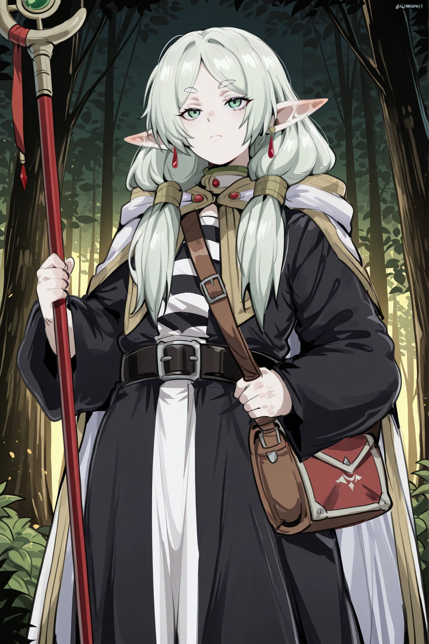 kurenaiz, masterpiece, best quality, amazing quality, very aesthetic, high resolution, ultra-detailed, absurdres, newest, 1boy, male focus, solo, male elf, sharp pointed ears, emerald green eyes, shoulder-length silver-green hair, eyes narrowed, serious expression, frieren like mage outfit, magic staff, black man robe, leather belt with metal buckle, adventurer's bag, white cape with a hood, BREAK, dynamic pose, magic, forest,