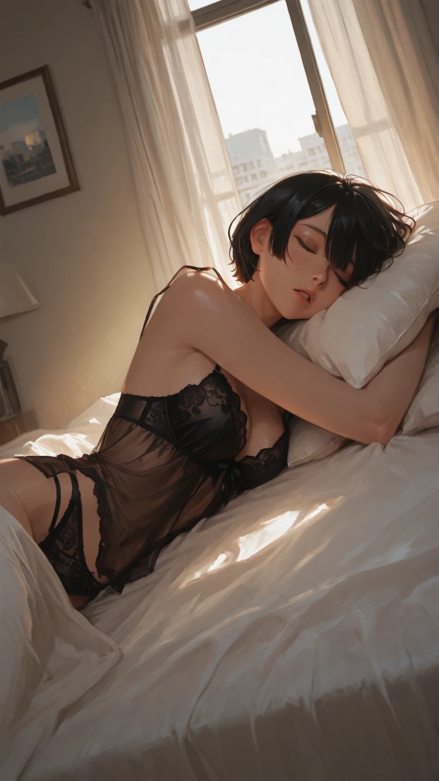 black and white tones, coloring book, petite girl, loli, lyin in bed, 12yo, a sexy girl, open leg, Raised leg, Skinny leg, bare shoulders, bare breast, hand on own chest, full - body, the perfect body, middle chest, fine legs, skinny waist, wide thighs, ass big, pajamas half loose, transparent pajamas, Short pajamas, transparent pajamas, blue hair.