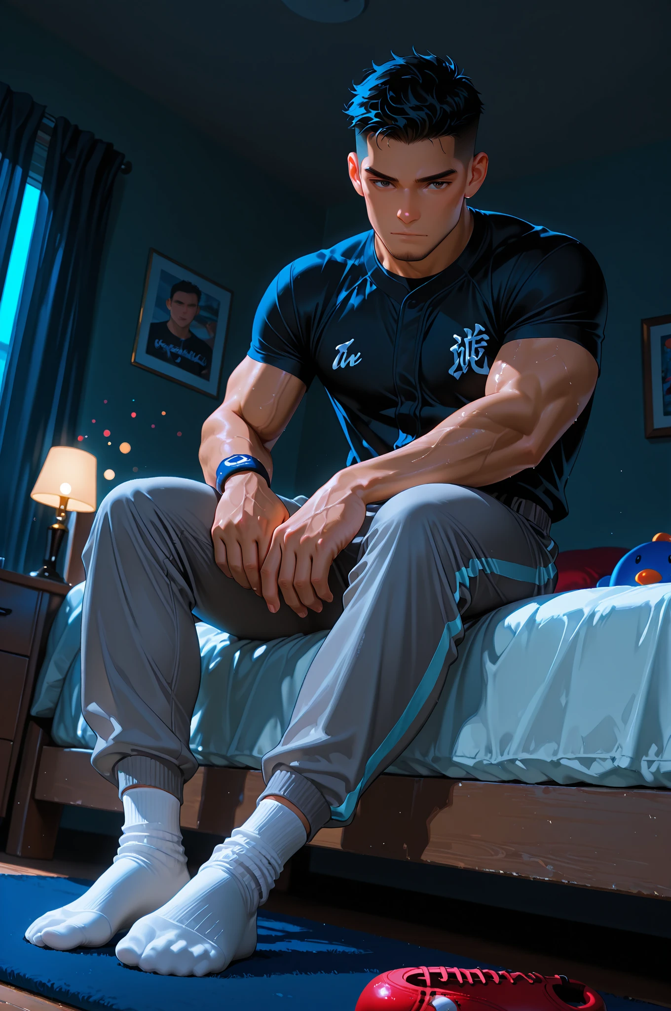 Basketball clothes，Basketball clothes上号码是八号，Nike shorts，White socks，No shoes，Lying on the endless blue bed，The hero leans back and shoots on the bed，Full body portrait，There is a basketball on the bed，Stretch your hands outward，Eyes closed，Dark skin，Dark Skin，Solitary，individual，Brown skin，Bigfoot,（Facing the audience），(muscular)，Farther distance，The camera looks down from a high place，The protagonist has very long legs, male, Huge body，The character is a burly man，Dynamic Action，Light from above，Clothes show shoulders，Clean face，Lift his head，Keep your eyes open，