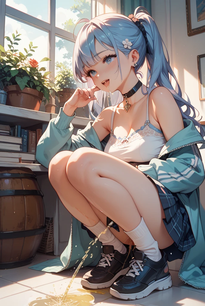 melancholy lighting, Quiet, calm, luminance, Masterpiece, Best quality, 1girll, (JinxLol:1.2), (The ultra-realistice:1.3), (Masterpiece:1.4), Best quality, ((Realistic)), High quality, Ultra detailed, ((Real image)), ((Realistic skin)), ((Realistic face)),(illustration:1.05), (Beautiful:1.05), (Beautiful detailed eyes:1.05), (Cinematic light:1.1), full body, Precise proportions, 18-year-old girl, skinny model lying on the grass, surrounding garden,  shadow of the tree, BLUE hair fluttering in the wind, tulle, Long legs, Feet slightly open, buttocks, Blush, Shyness, 鎖骨, hason, double weave, Beautiful and delicate face, Fair skin, Real skin, (detail in face), pores, Super high resolution, 8K, Parameters Best quality, Masterpiece, Super high resolution, (Realistic 2.0), More details, Detailed skin, Transparent panties, Hefty Smile, White teeth, voluminous BLUE hair,  perfect and well designed eyes, girlfriend, Beautiful, Beautiful, Flowers, Studio lighting