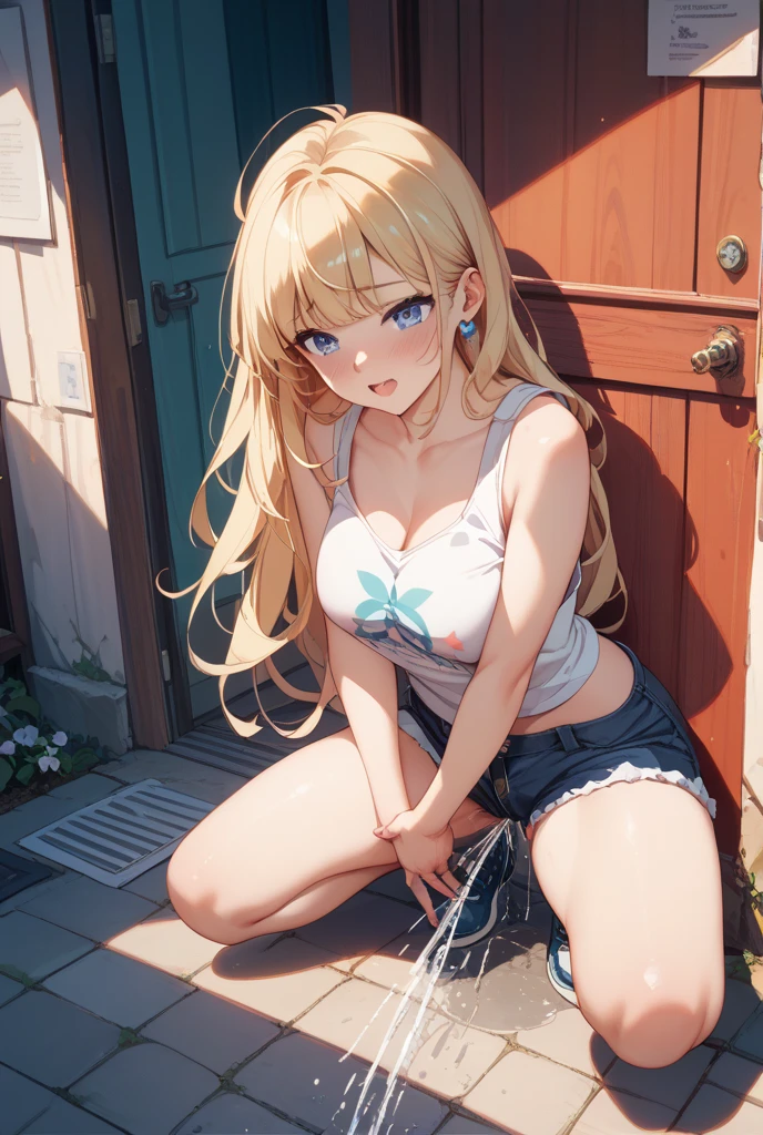最high quality、best image quality、masterpiece、teenage girl((18-year-old、 By becoming、vest bust、medium bust,wide open breast tea、black eye, blonde hair、Habitual hair、long hair、thin,highest valley、blue shorts、Holding a spray can、smug face、peace sign、paint marks、black aloha shirt、squat、open your legs)),high quality、beautiful art、background((Hawaii、Waikiki、Palm tree))debris flies、Depth of written boundary、movie、visual art、perfect art、8K,genuine