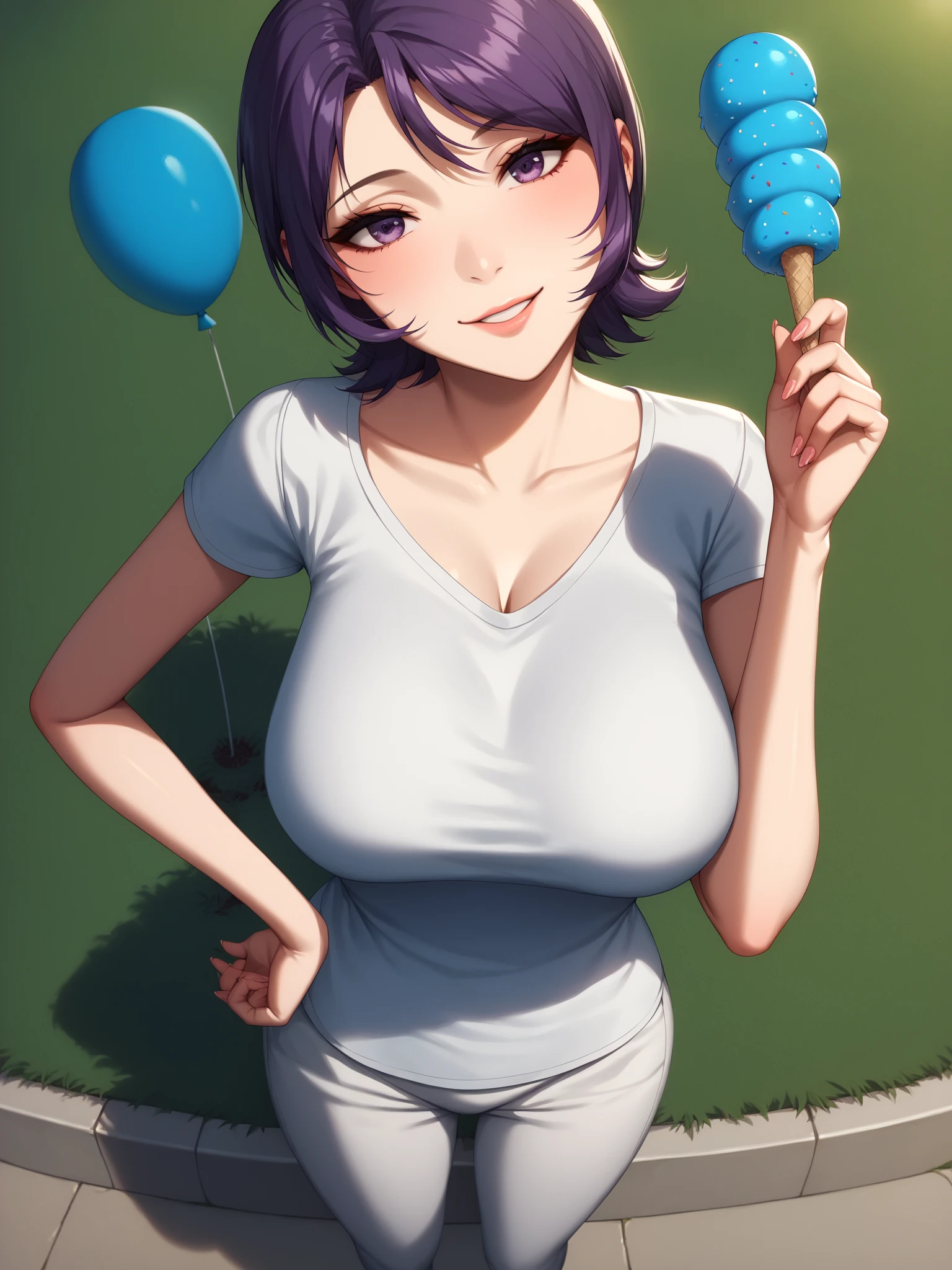 (1 person),(Best image quality, 8k, masterpiece:1.3), Anatomically correct, ((Brown hair bob cut:1.1)),(Swept-apart bangs,), (Cute eyes, Dark Eyes), (Mole under right eye), (thin), (Large Breasts),(Glowing Skin:1.1),(Pale skin:1.2),(Fantasyな雰囲気),(look up),Ultra-high resolution, Textured skin, Sparkle Effect, Fantasy,Bright Eyes,
Black lace panties,Cheerleader,Braid, Ribbon on head, Wet body,Sweat,
Blue cheer uniform,mini skirt,belly button,Cleavage,Panty shot,
Eating ice cream,seiza,Saliva stringing,Duck mouth,Pointed Chest Gymnasium,Drooling, Food is on the face, smug face,