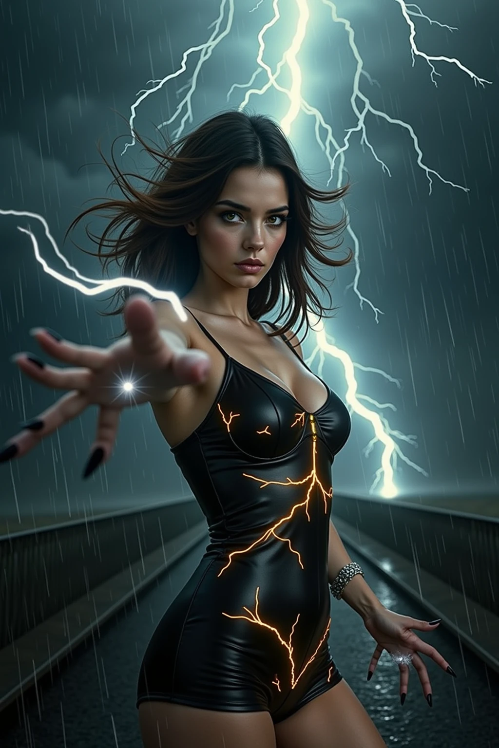 image of a {1girl stunning pose, photo_model pose, perfect proportional anatomy, girl with high heels, UHD, intricate detailed, 8k, best quality ever, masterpiece, super detailed, unleashed creativity, beyond imagination, dramatic light, gradient motion color background}, rough, massive rain and lightning all over the background place, weathered and textured