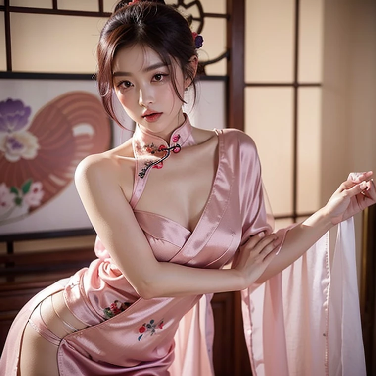 (Unity 16K Wallpaper, Masterpiece, Best Quality, Ultra-Detailed, Extremely Detailed CG, Beautiful Detailed Eyes, solo, curby, china dress, chinese clothes, thighs, voluptuous, Chinatown, arms behind head), Ultra High Resolution, fine skin、sexy, Sweat, 16 years old, smile, squat, short hair