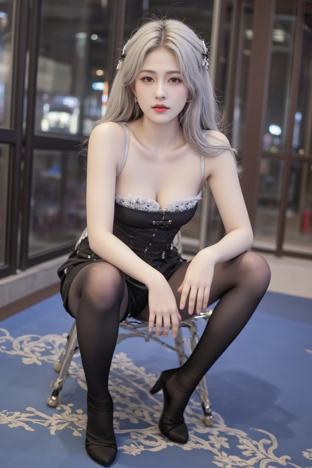 15 years old cute Korean, white hair, big round breasts, cleavage, T-shirt, tight skirt, beautiful eyes in detail, (half eyes closed: 1.5, eyes half closed), eyelashes, beautiful double eyelids, eye shadow, hanging eyes, elongated eyes, (thin beautiful thighs, beautiful thin legs), sexy high heels, perfect eye makeup, ((seductive smile, squeaky look, evil look)), Sitting in a chair in the president's office, low angle