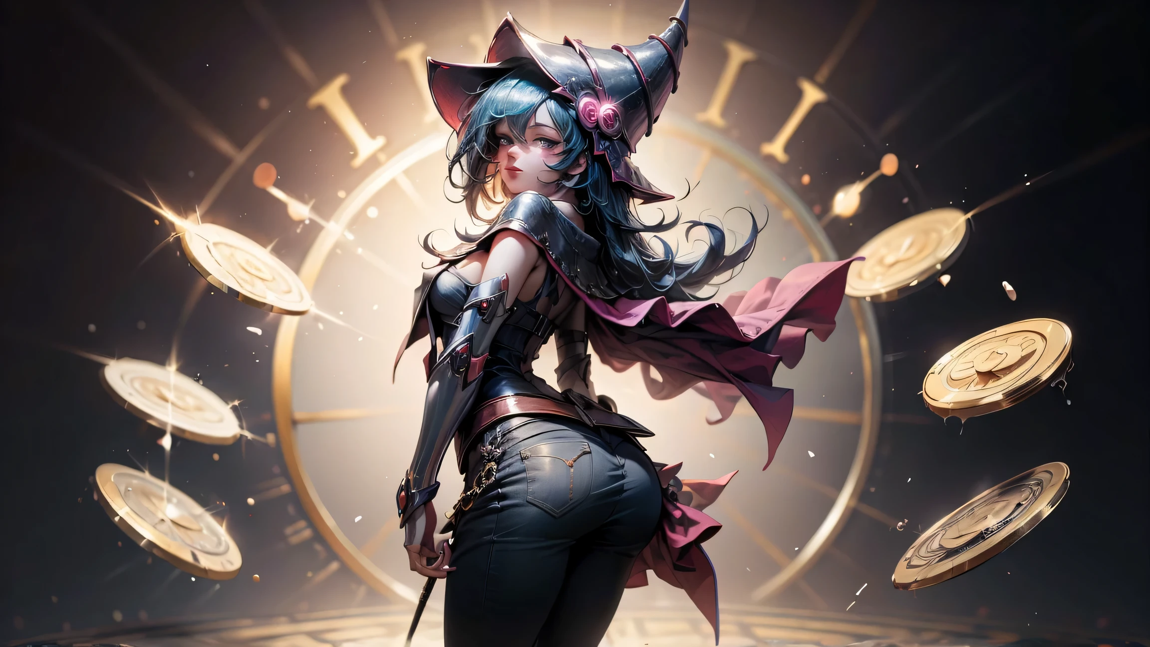 (Obra maestra:1.2), (La mejor calidad:1.2), perfect lighting, Chica Maga Oscura lanzando un hechizo, flotando en el aire, tetas grandes, escote, fondo de magia. Corazones transparente en el hambiente, bata azul, sombrero grande, desde arriba, Destellos, Yugioh Card en el fondo. En tacones y en bikini 