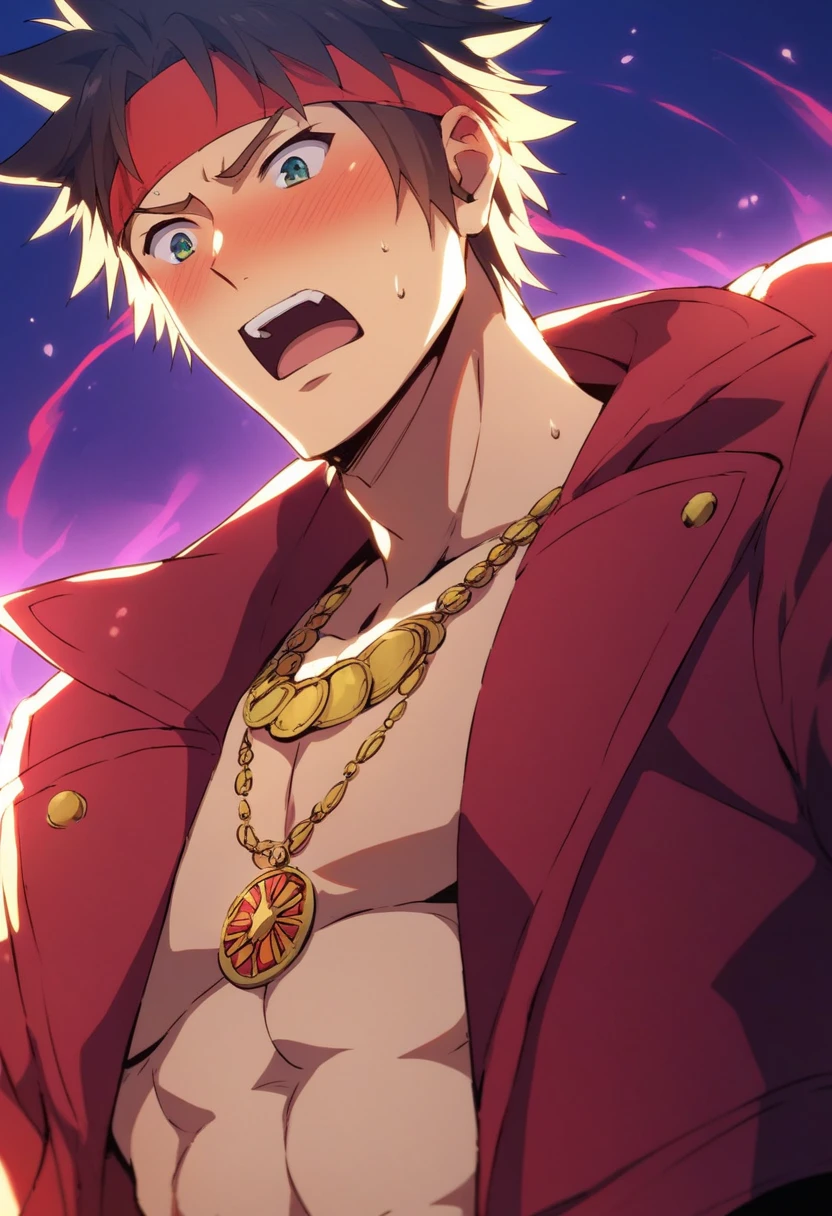 <lora:gaenOshinoKaiki:0.9>, oshinoMeme, masterpiece, best quality, absurdres, 1boy, blonde hair, (dark red background:1.2), (shadow:1.2), cross necklace, cross earrings, goatee, mature, open shirt, pink shirt, hawaiian shirt, upper body