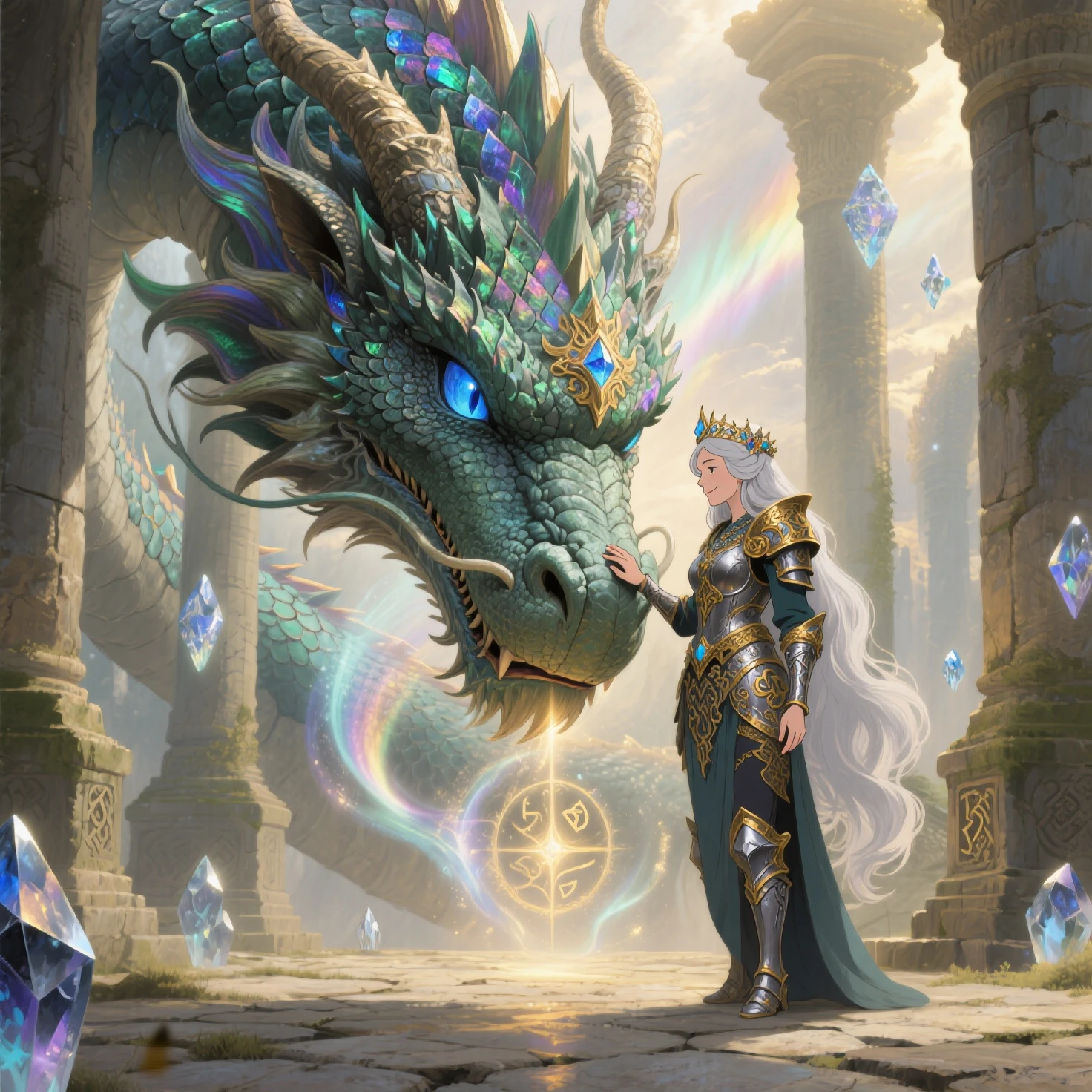 A princess facing a green giant dragon, she is wearing an elegant dress and wielding a big berserk. The setting is a castle.