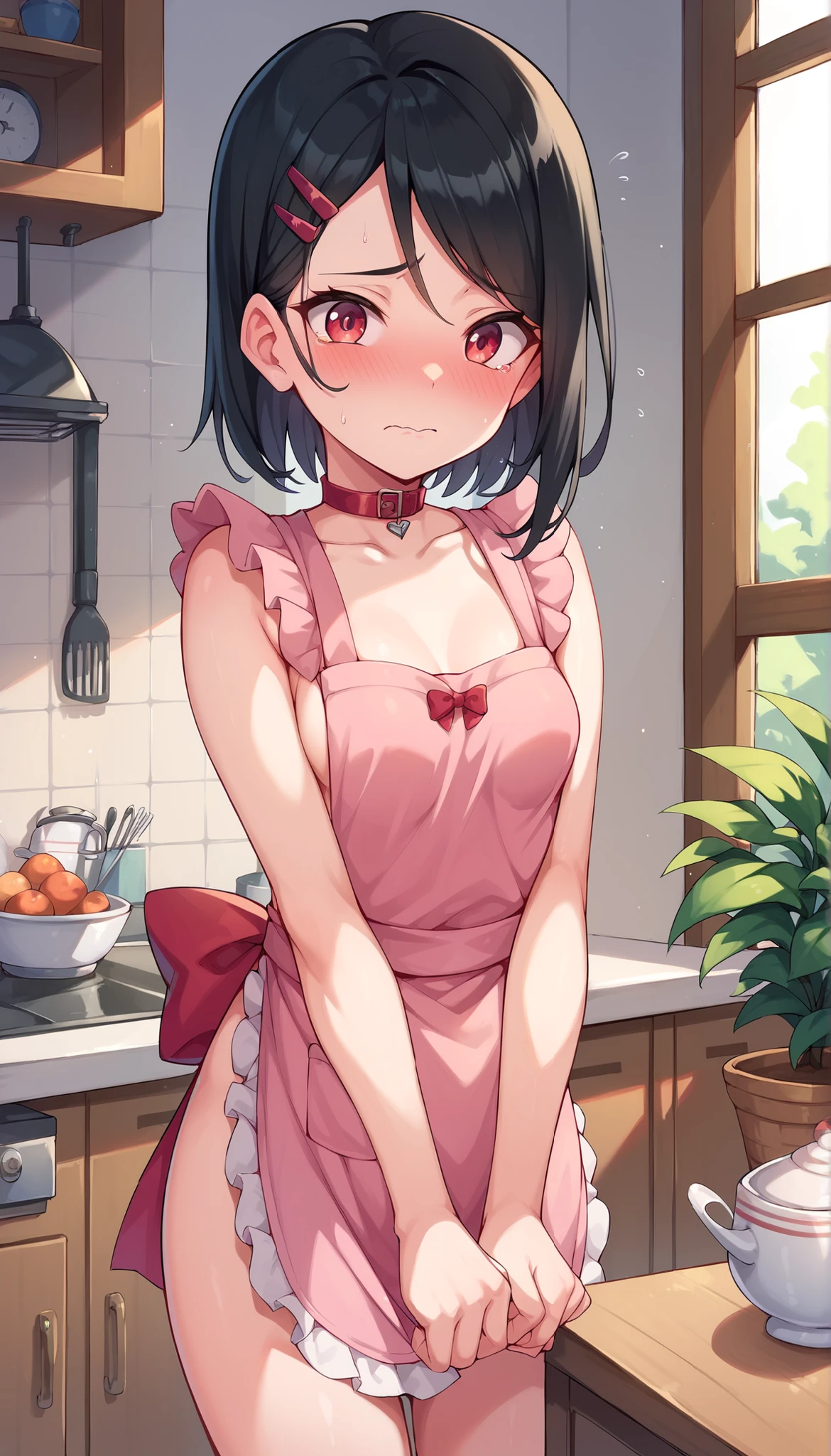 1 girl ,(lift up apron), close to viewer, cowboy shot , character focus , nudity , (panty shot) ,blush , embarrassing , high resolution,(incredibly absurdres), (hires.fix:1.3),anime visual,extremely detailed CG unity 8k wallpaper, ((masterpiece)), ((top-quality)), (beautiful illustration), ((an extremely delicate and beautiful))