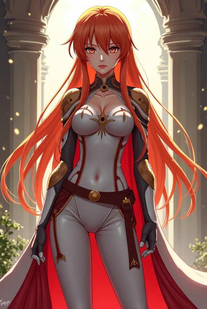 4k,High resolution,One Woman,Red Hair,long hair,Green Eyes,Big Breasts,Brave,White high leg leotard armor,White boots,White hat,Jewelry decoration,Long sword,Medieval village