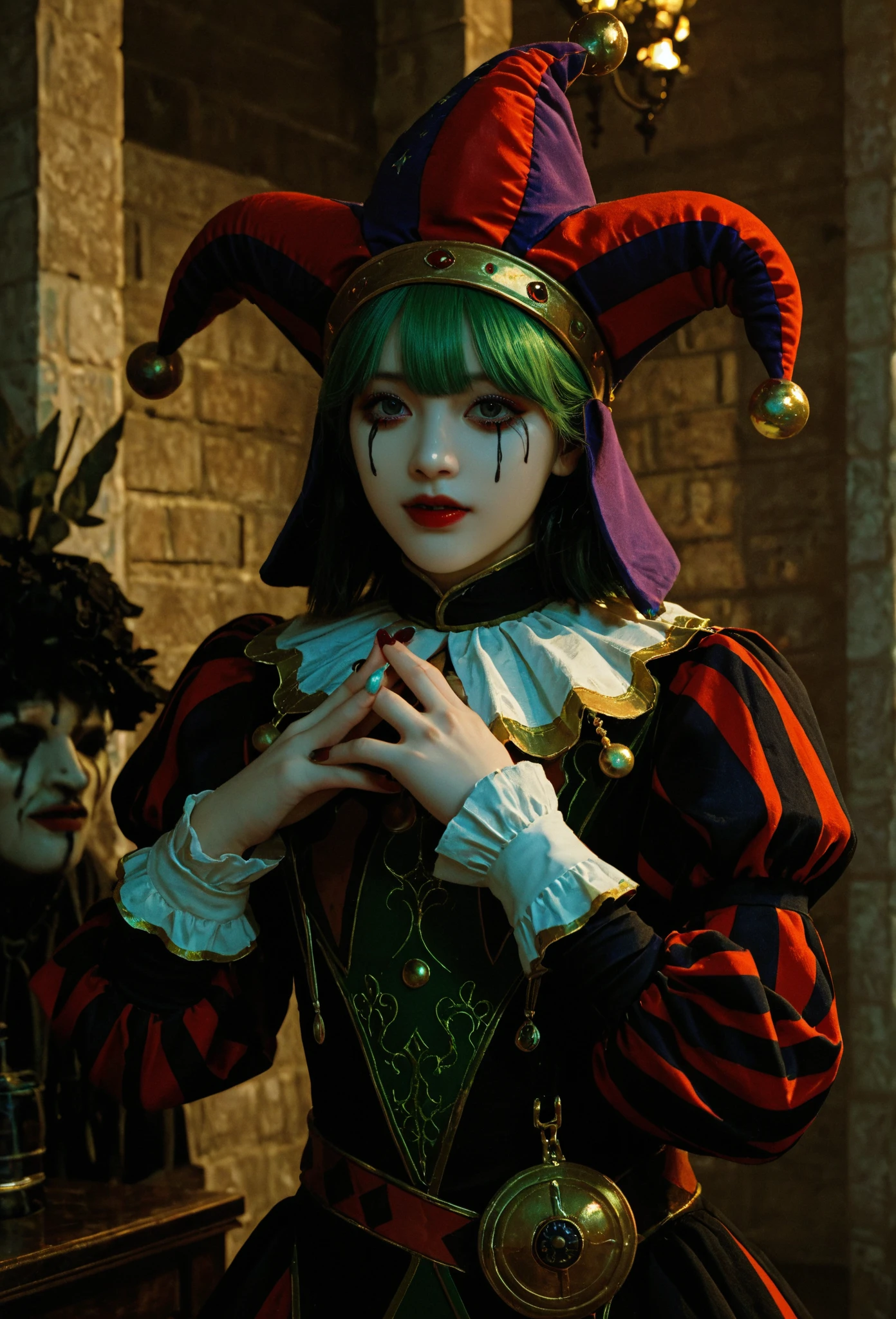 (medium full shot) of (mischievous jester) young woman, persian, tan skin, dark green eyes, Average build, medium ginger double braids hair, wearing a jester hat with bells, black blouse with jester motifs, ruffled skirt with contrasting colors,colorful jester shoes with jingle bells, face paint, set in Comedy Club, intimate setting with small stage, tables for the audience, dim lighting, brick walls, bar in the corner, at sunset, woman smiling at the viewer, ,Masterpiece,best quality, photo, realistic, very aesthetic, detailed face,